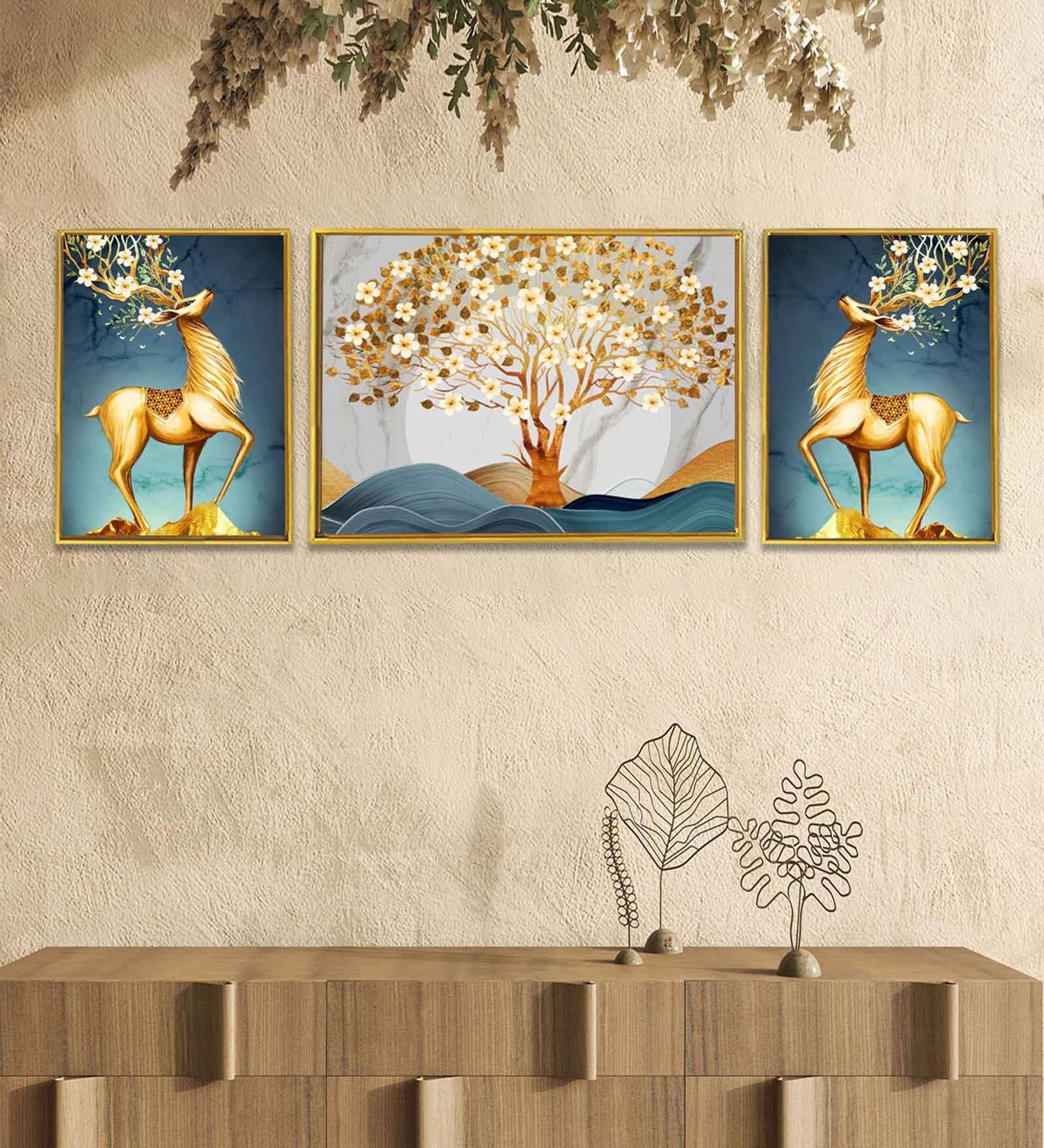 Art Street Deer White Auspicious Tree 3 Canvas Set Art Print Painting for D cor