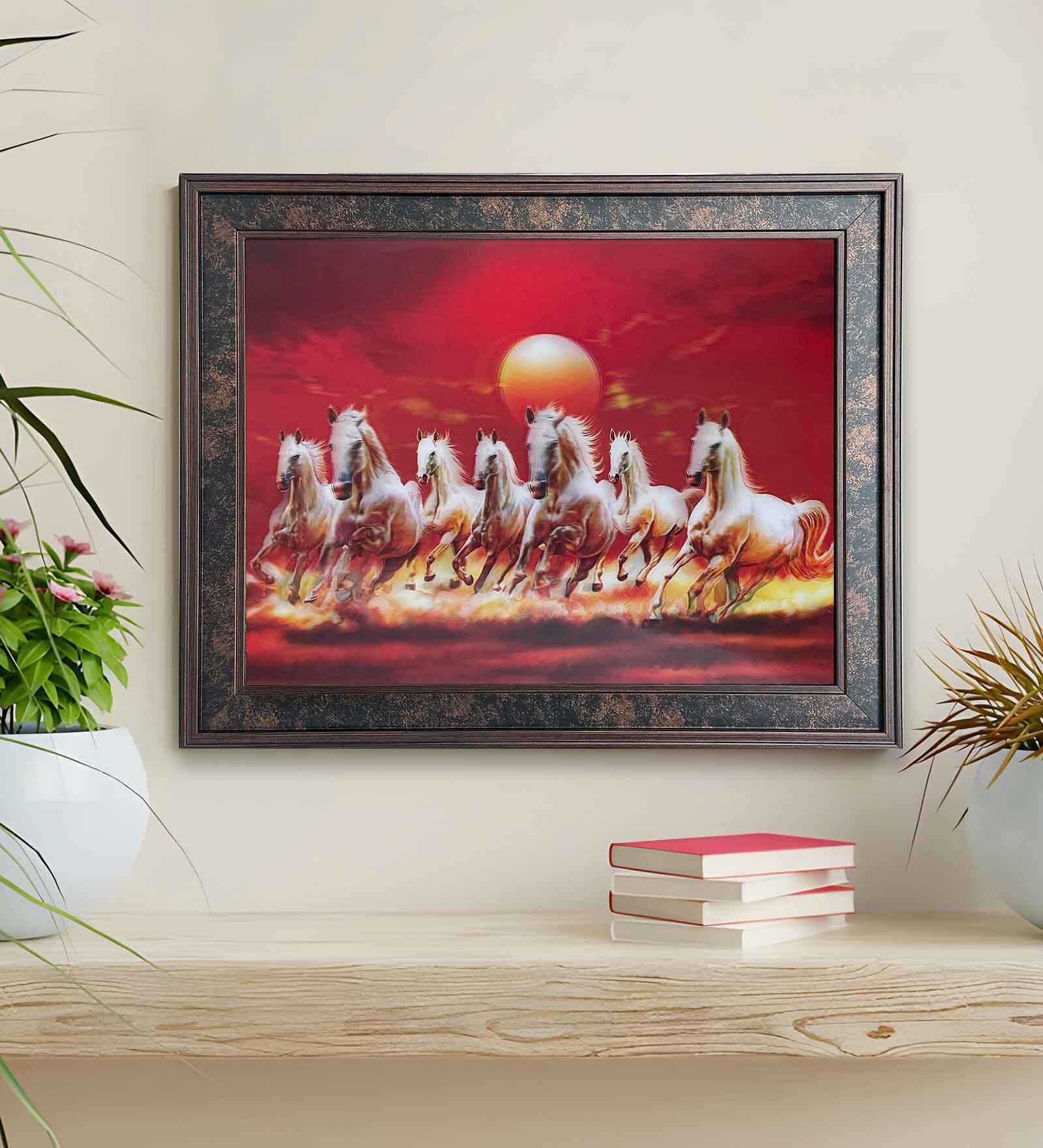 Art Street Framed 5D Wall Art Print Seven Running White Horse Wall Painting (14.3x18.2 Inch)