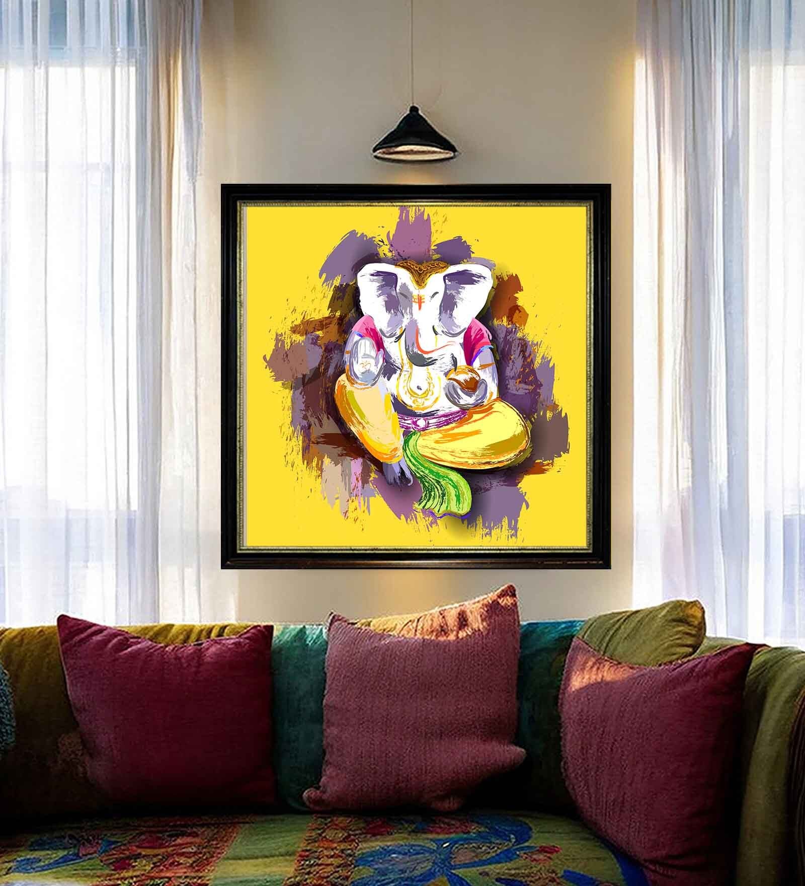 Art Street Framed Wall Art Print Lord Ganesha Religious Poster for Home D cor (Yellow, 22x22 Inch)