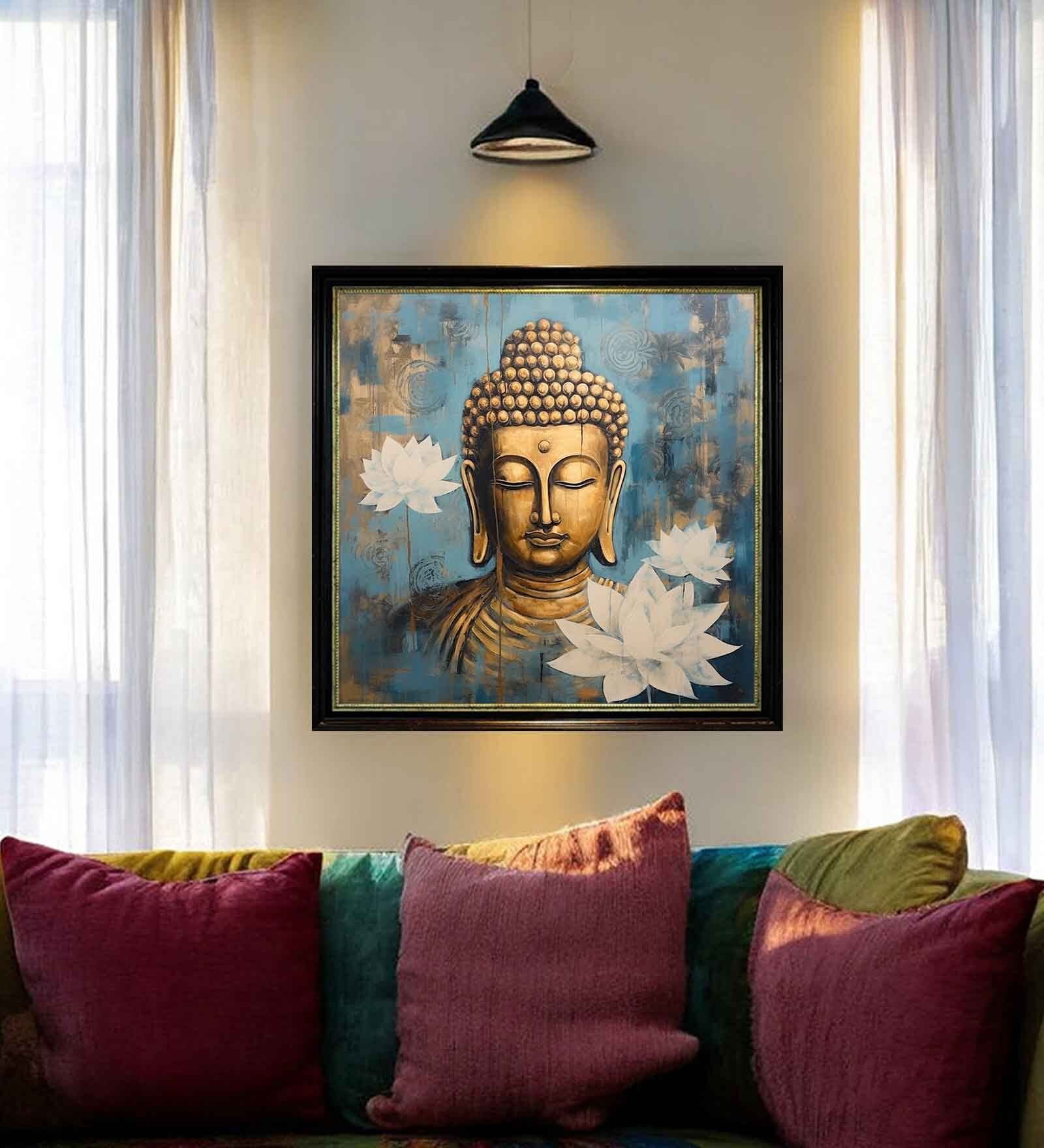 Art Street Framed Wall Art Print Lord Gautam Buddha Religious Poster (Blue, 22x22 Inch)