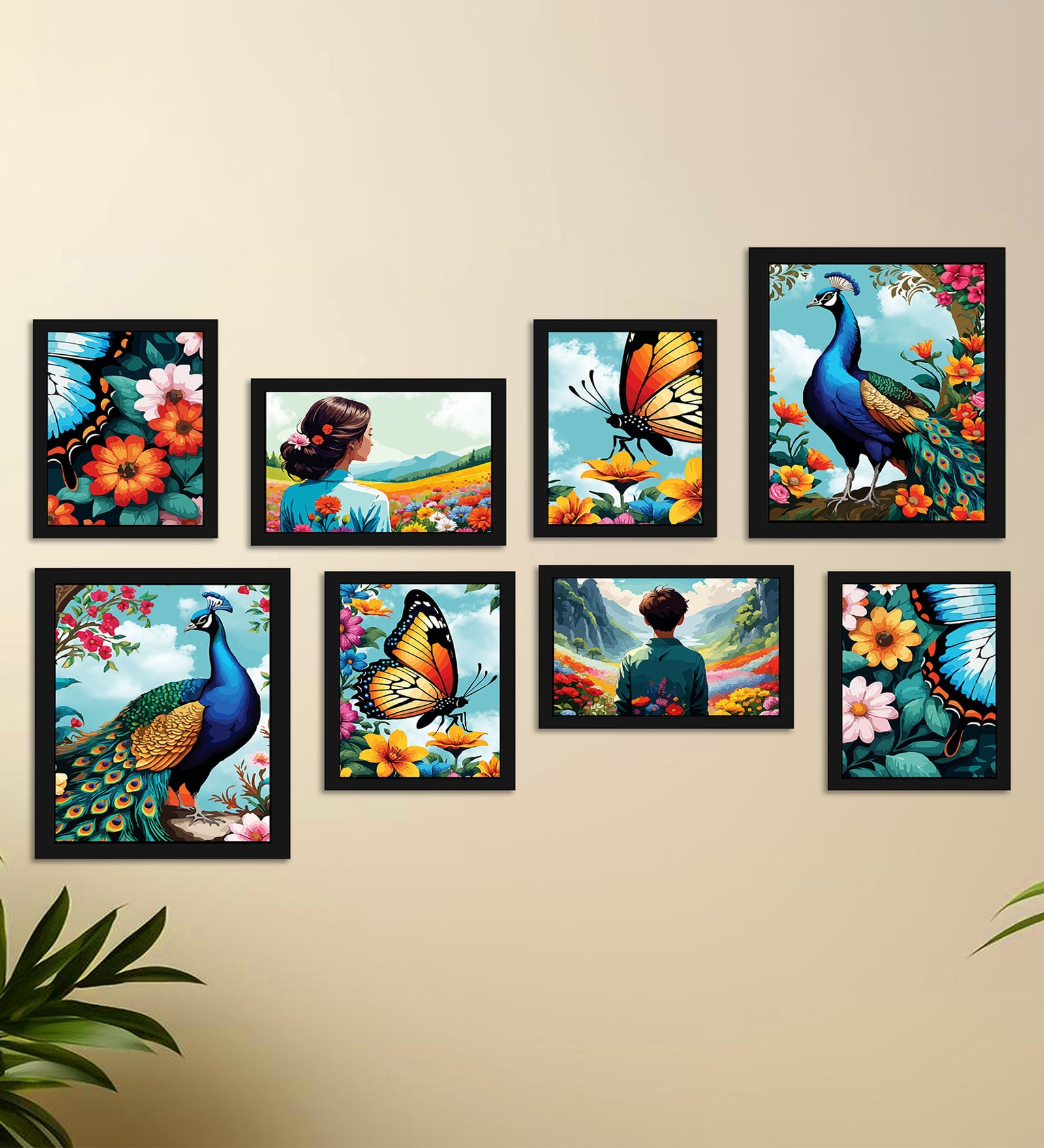 Art Street Indian Art Print Boy and Girl with Butterfly Floral Wall Hanging For Home Decor