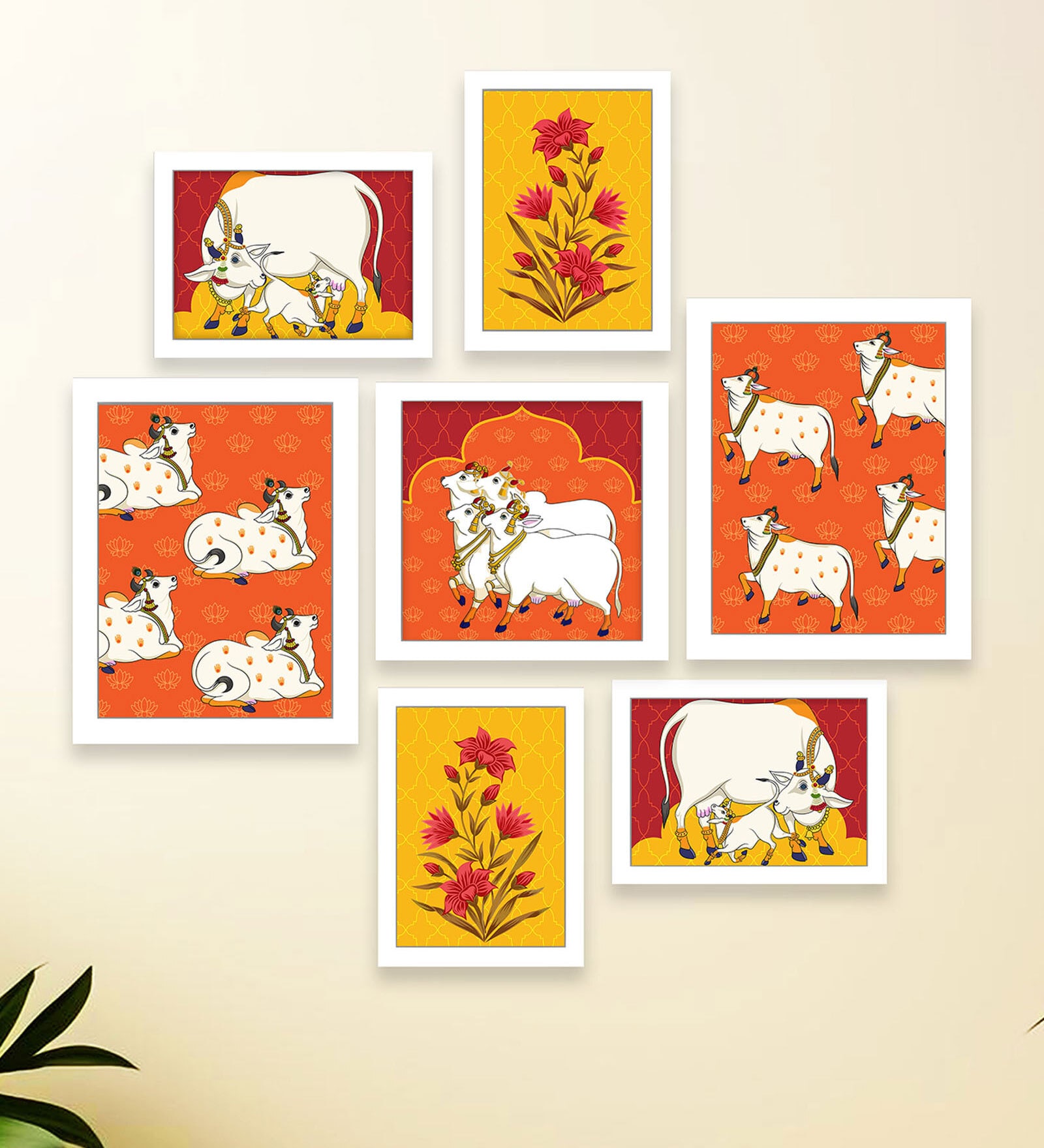 Art Street Indian Art Print Cow with Floawer Theme Wall Hanging for Home Decor