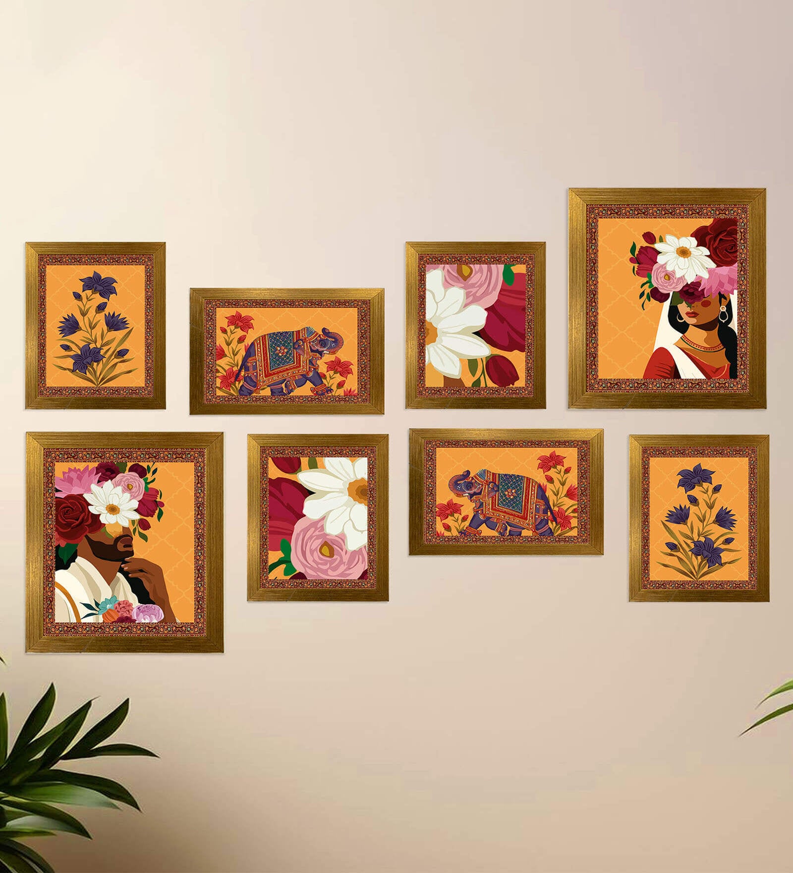 Art Street Indian Art Print Man and Woman with Elephant Floral Wall Hanging For Home Decor