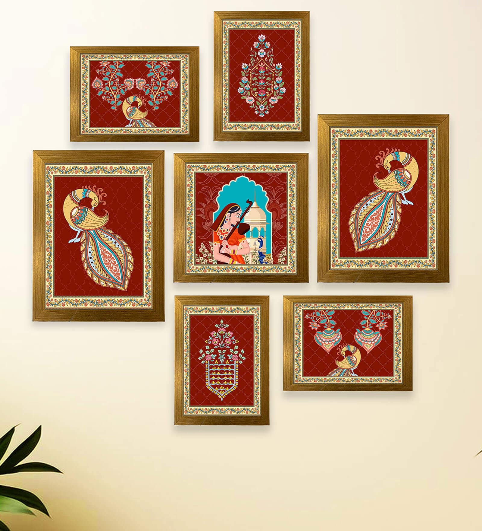 Art Street Indian Art Print Meera Holding Sitar with Peacock Wall Hanging for Home Decor