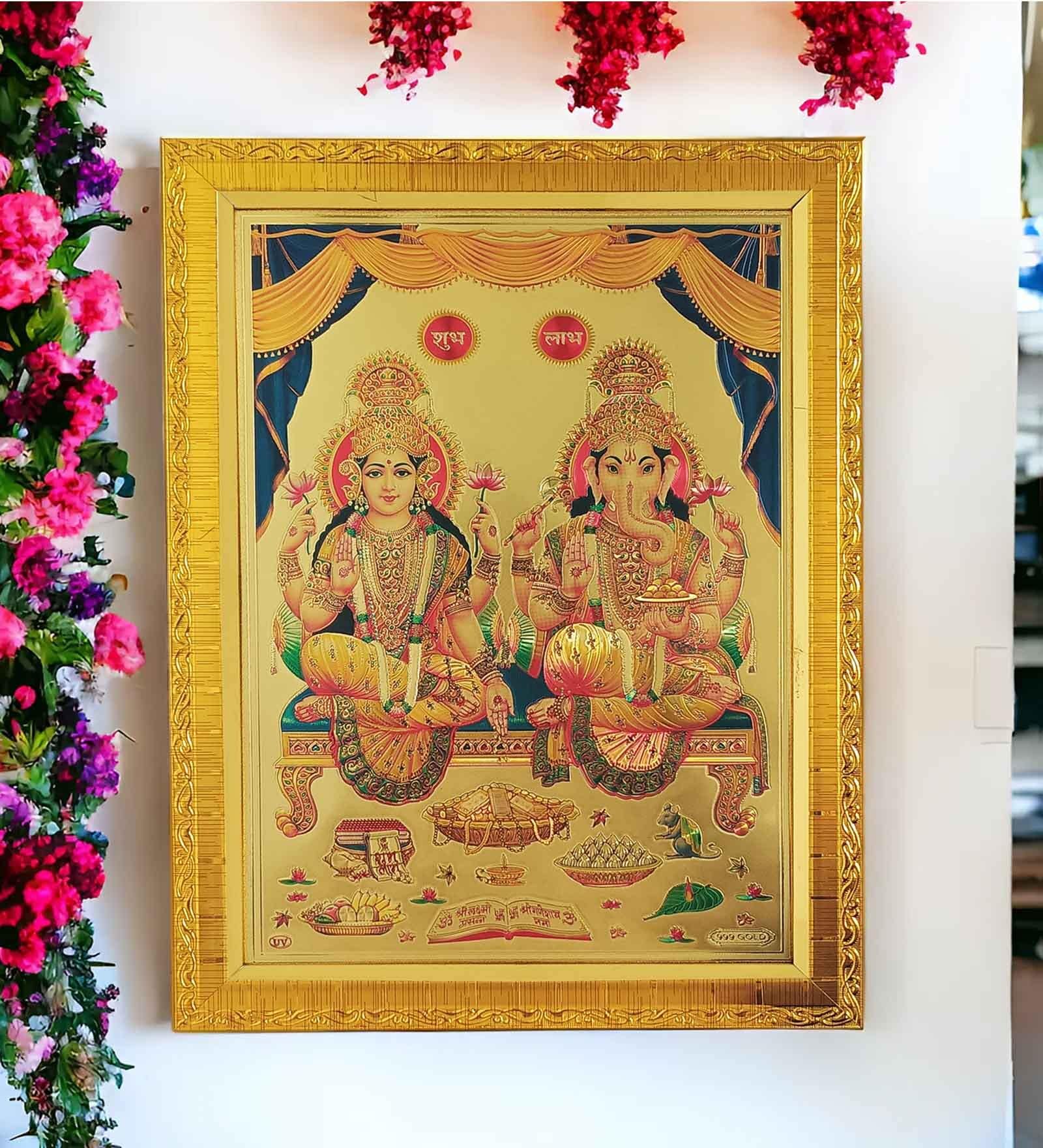 Art Street Lord Ganesh & Laxmi Ji Photo Frame for Wall and Pooja, Poster for Pooja, Religious Framed Painting,Gold Plated God Photo Frames, Wall Decor Photo Frame (Size: 9.8x13.3 Inch, Gold)