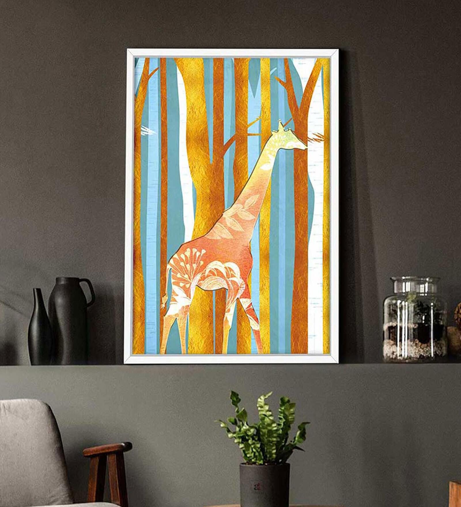 Art Street Marigold Yellow Deer Theme Framed Canvas For Home Decoration