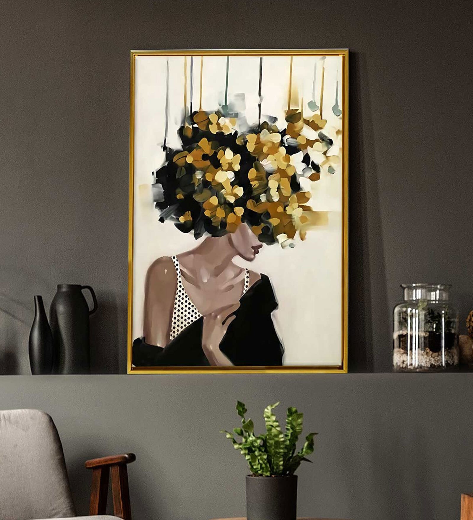 Art Street Mid Night Gold Girl With Flower Bouquet Framed Canvas Print for D cor