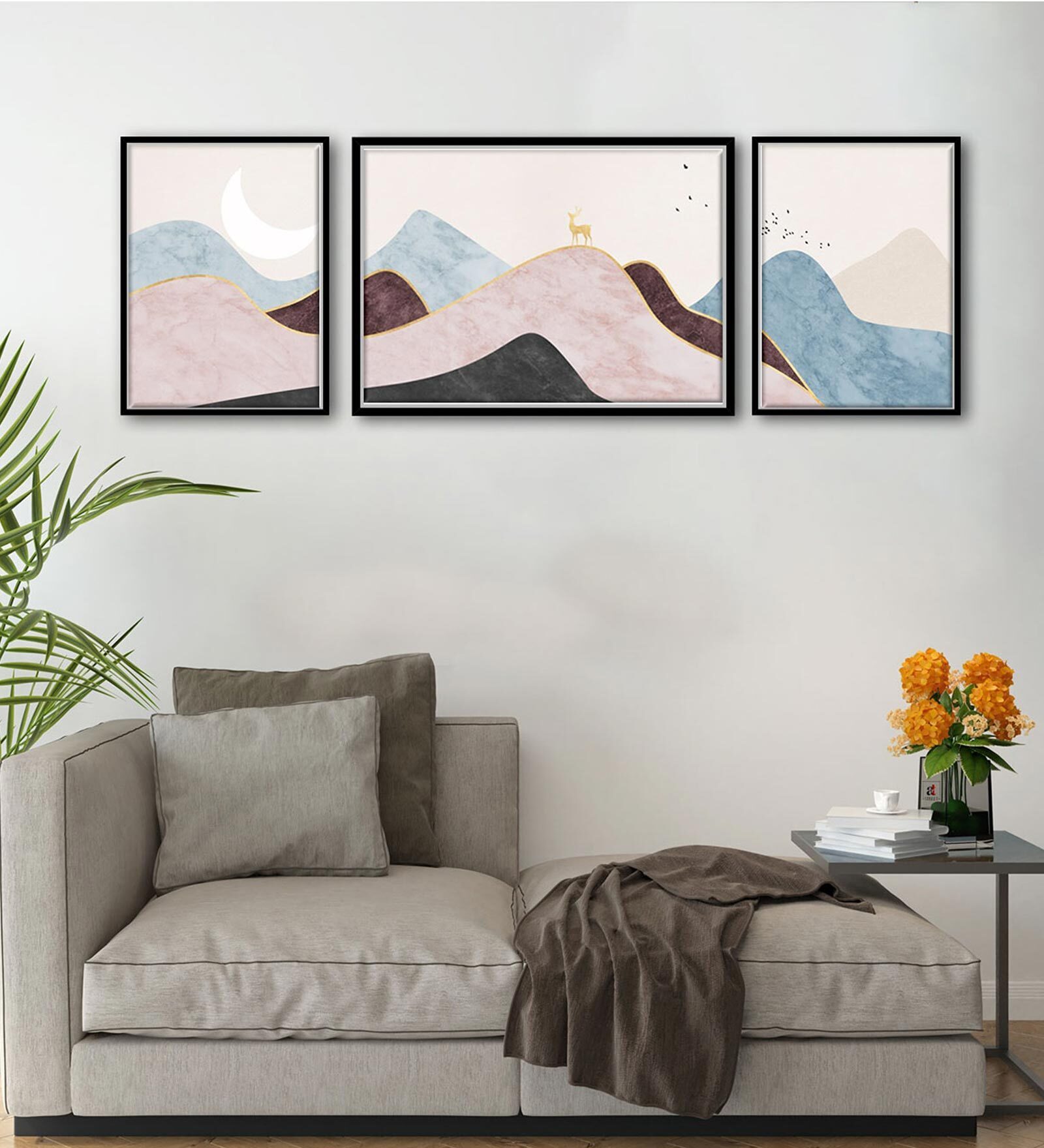 Art Street Moon Deer Set of 3 Canvas Painting for Home D cor