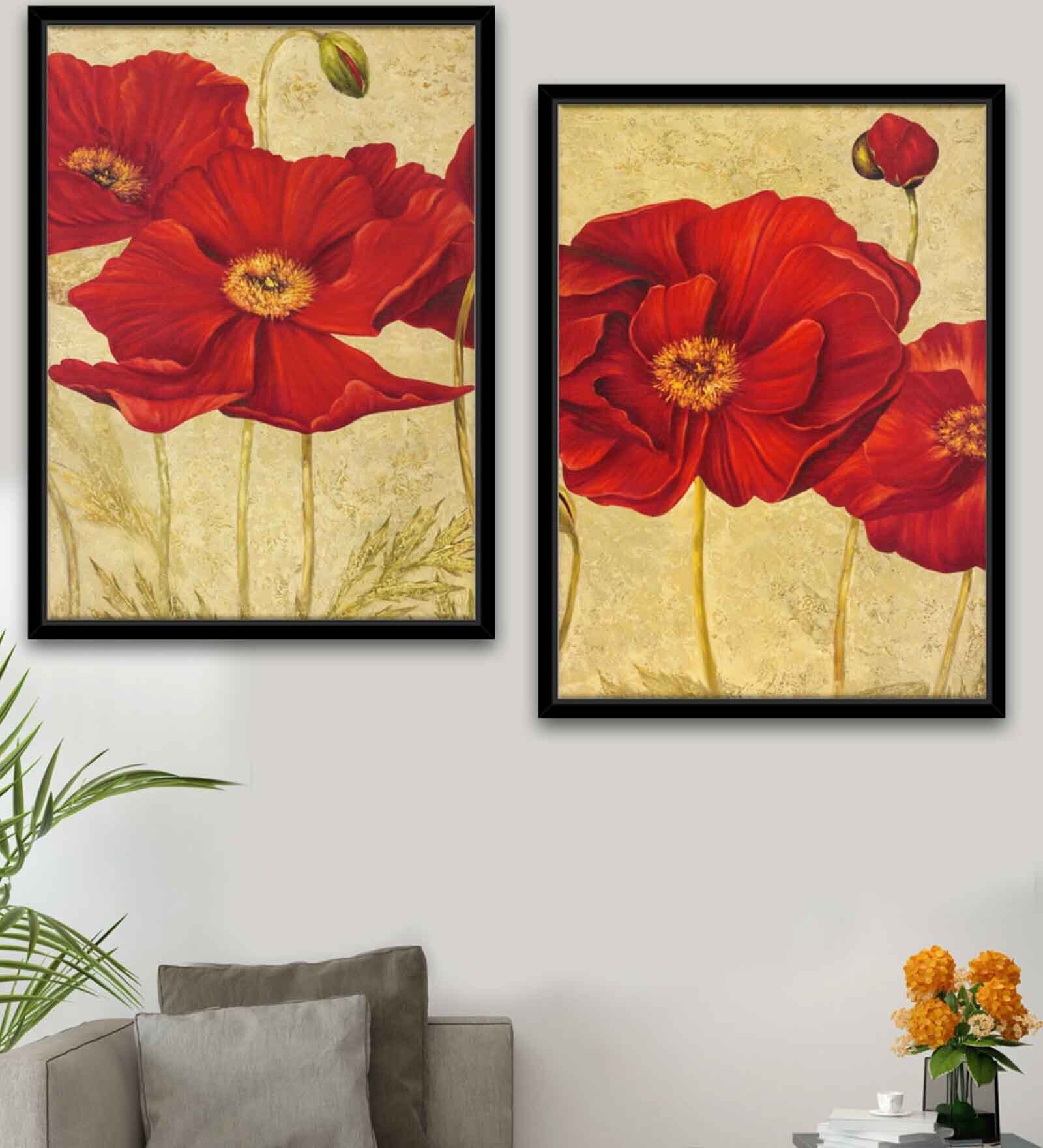 Difficult Works Red Canvas Framed Wildlife Art Panels Set of 2