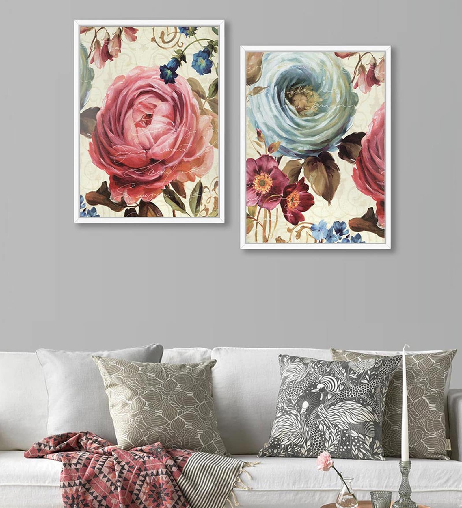 Art Street Set of 2 Canvas Painting Blue & Pink Rose Canvas Framed Art Print