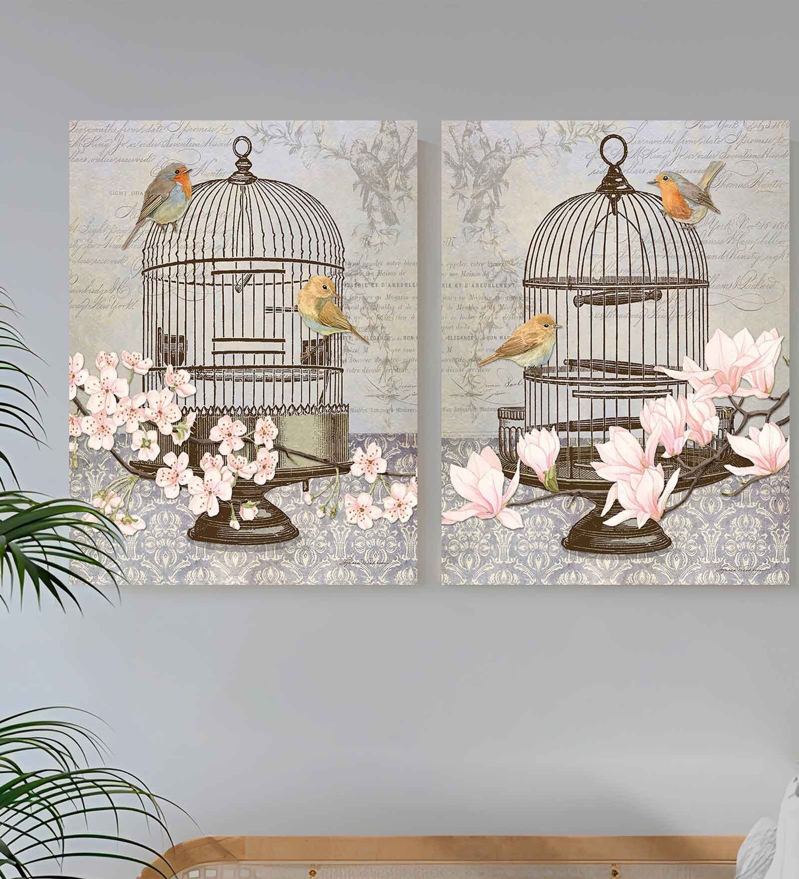 Art Street Set of 2 Floral Stretched Canvas Painting Bird Theme With Cage Print For Home