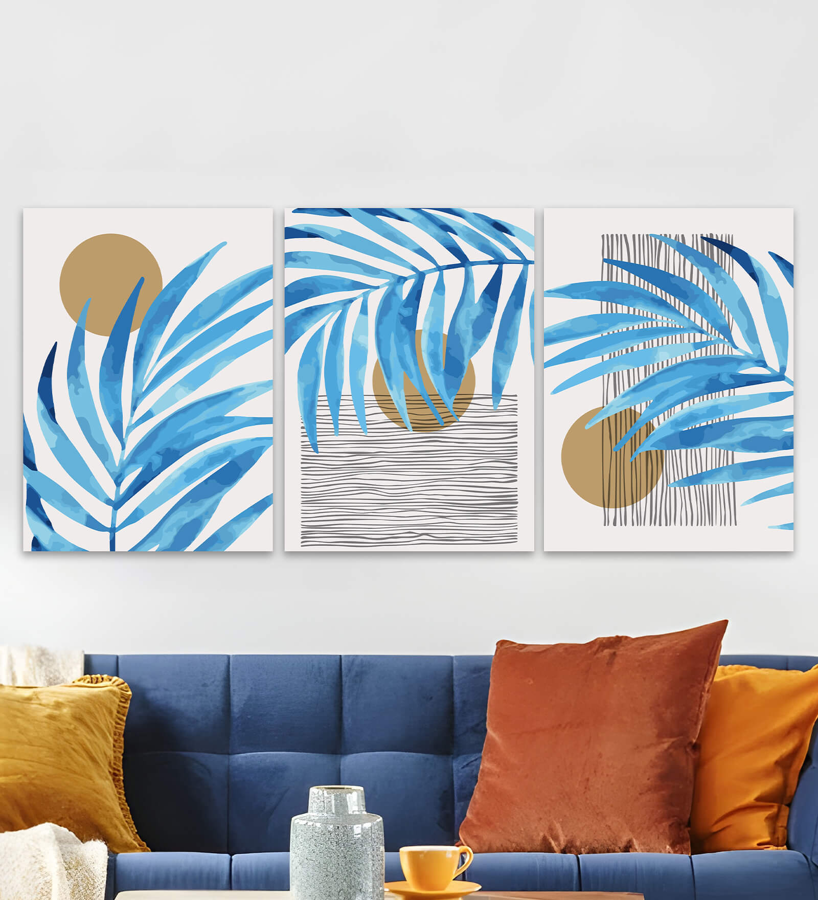 Art Street Stretched Canvas Painting Thee Amber Tropical Blue Wall Hanging For Home Decor