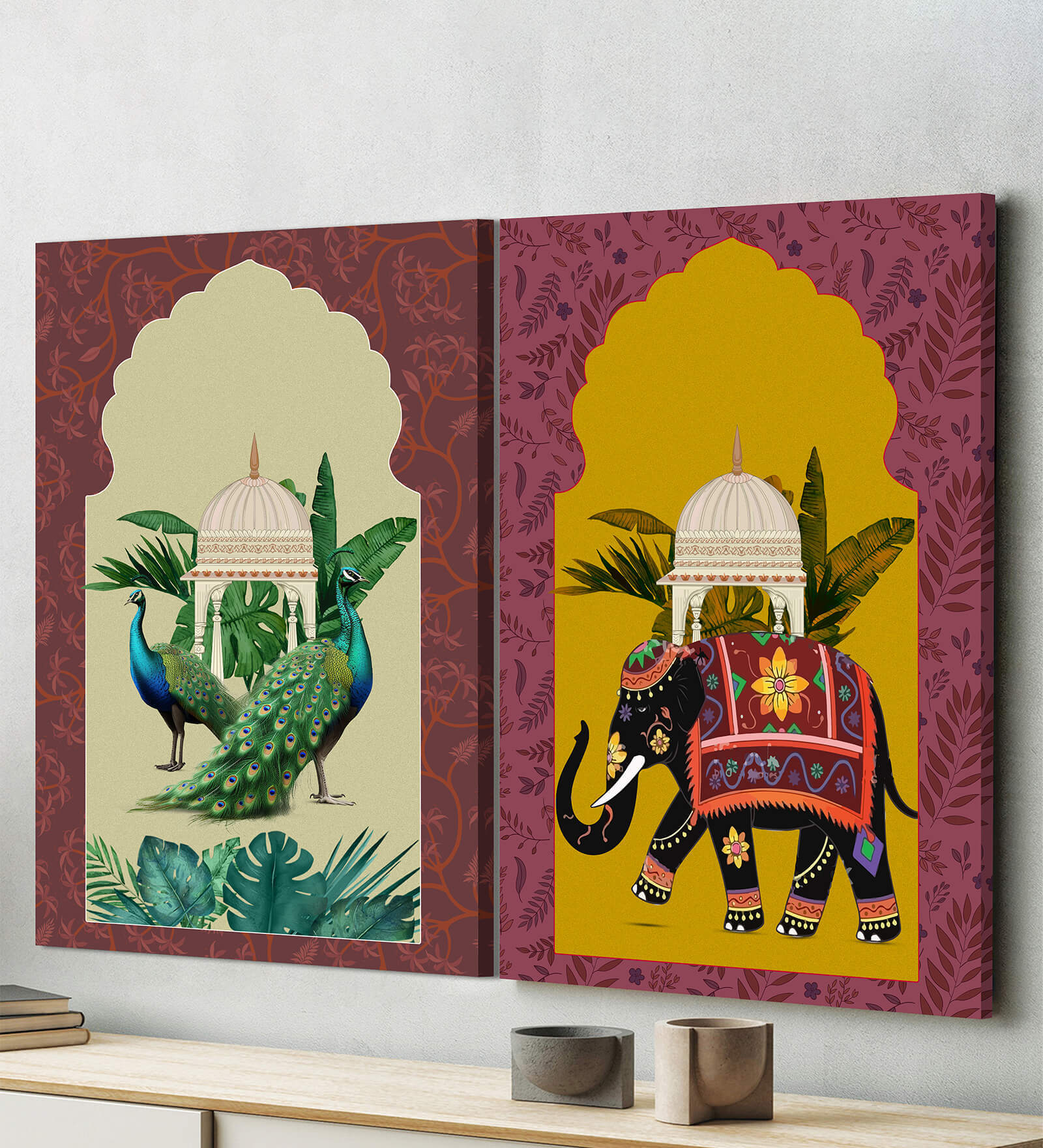 Art Street Stretched Canvas Painting Traditional Mughal Elephant and Peacock for Home Decor
