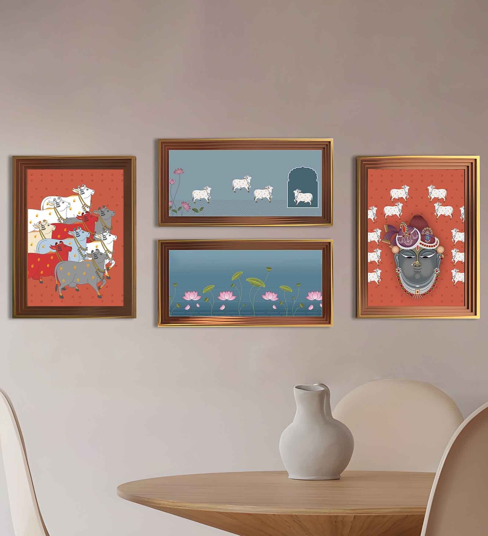 Art Street Wall D cor Framed Art Prints Pichwai Innovision Arts (Set of 4, 12x16 & 8x18 Inch)