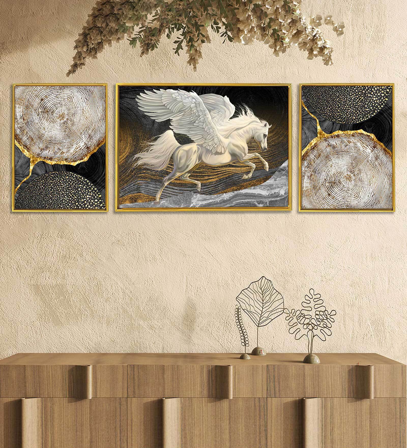 Art Street White Flying Horse Black Gold 3 Canvas Set Painting for Home D cor