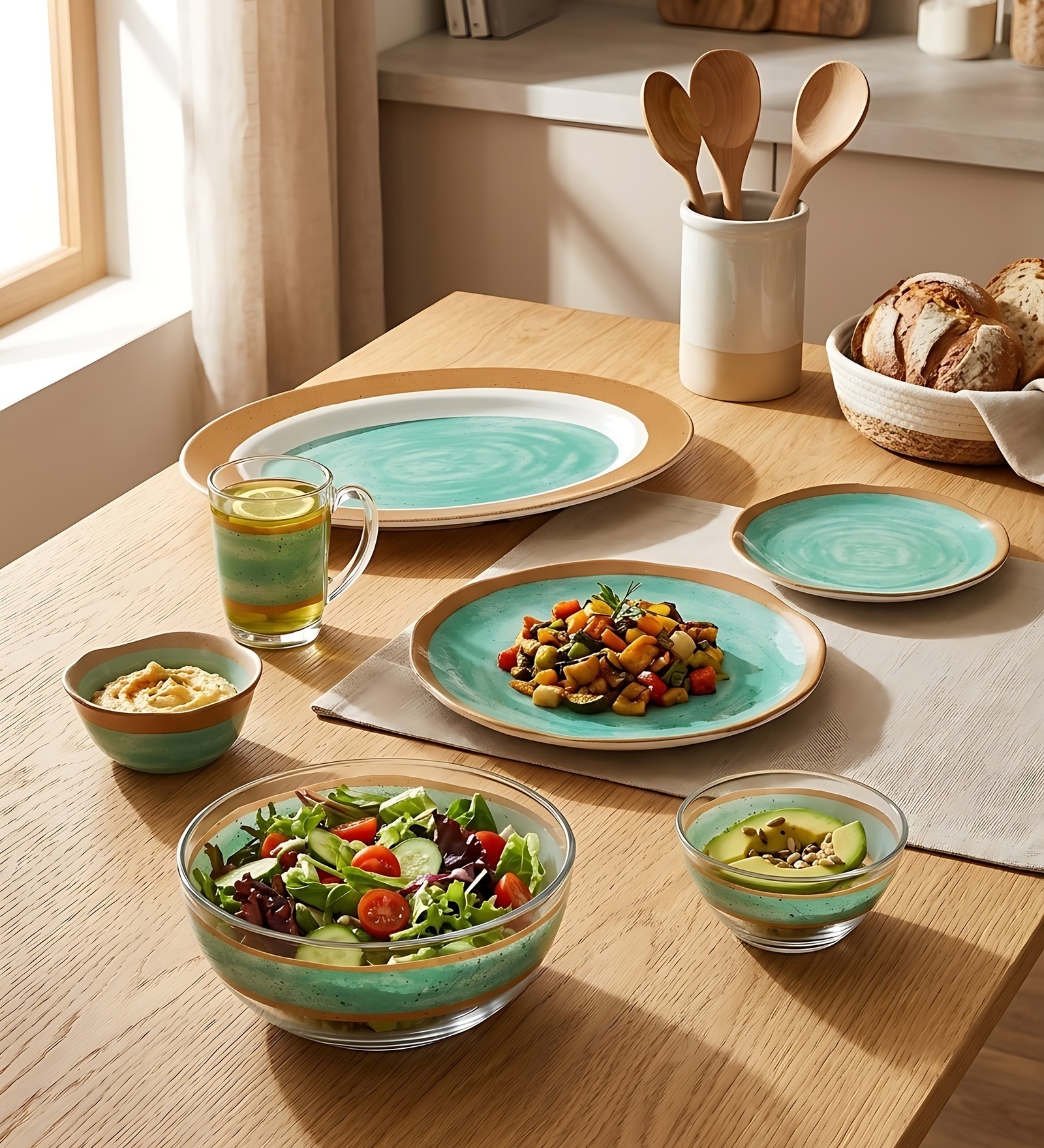 Artasym Forestsio Turquoise Glass Dinner Set (Pack of 33)