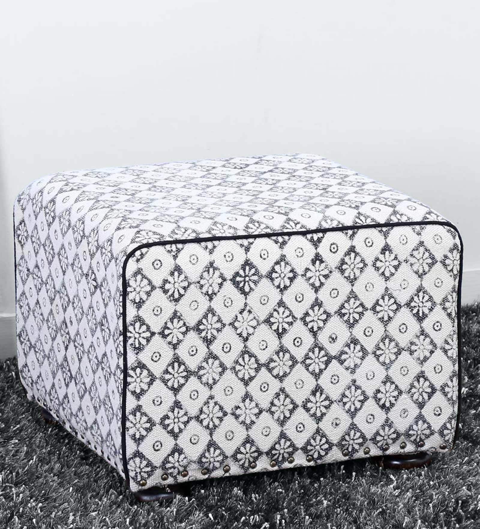 Artava Fabric Pouffe in White Colour 