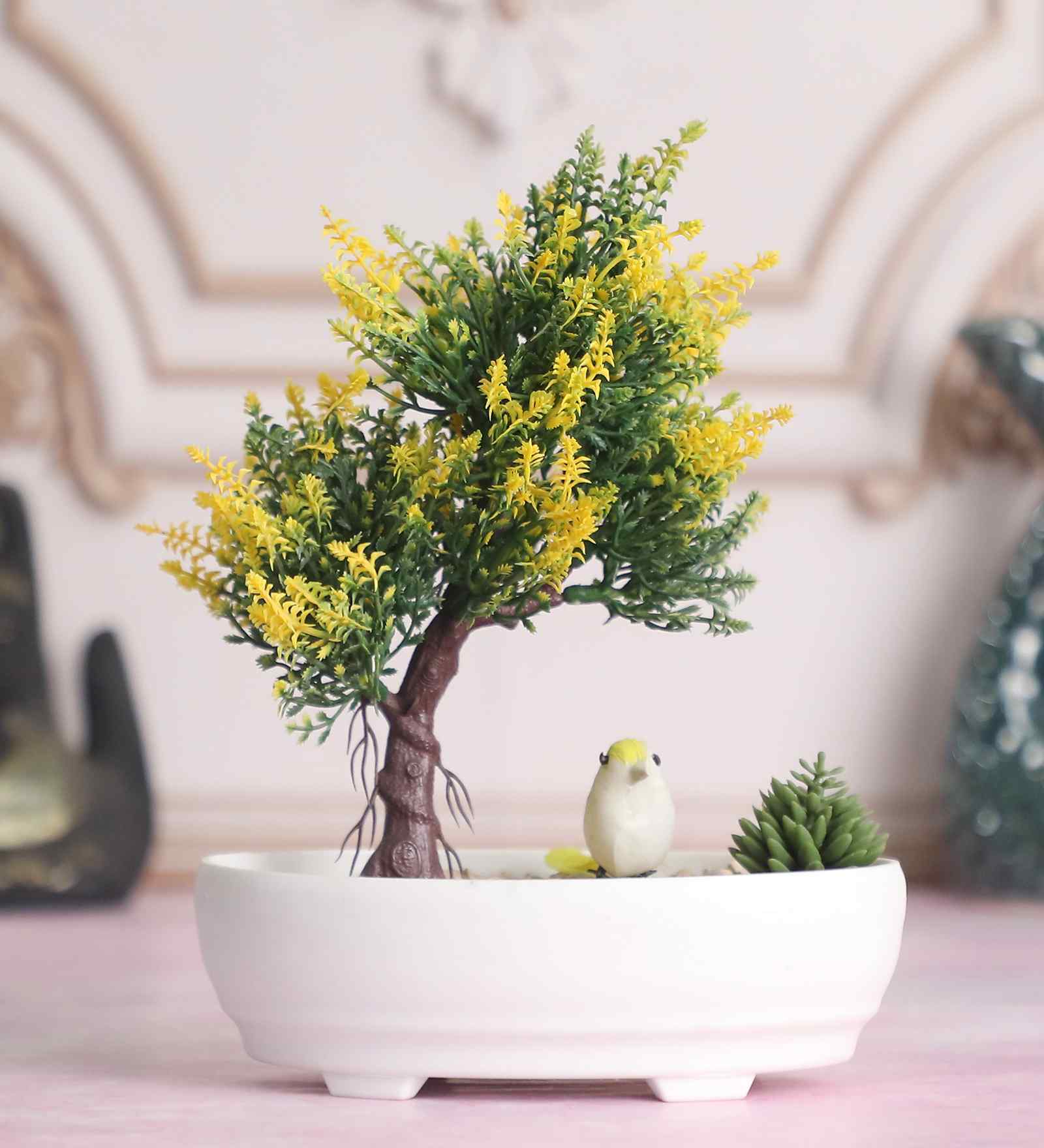 Artificial Bonsai Tree with Cactus and Bird