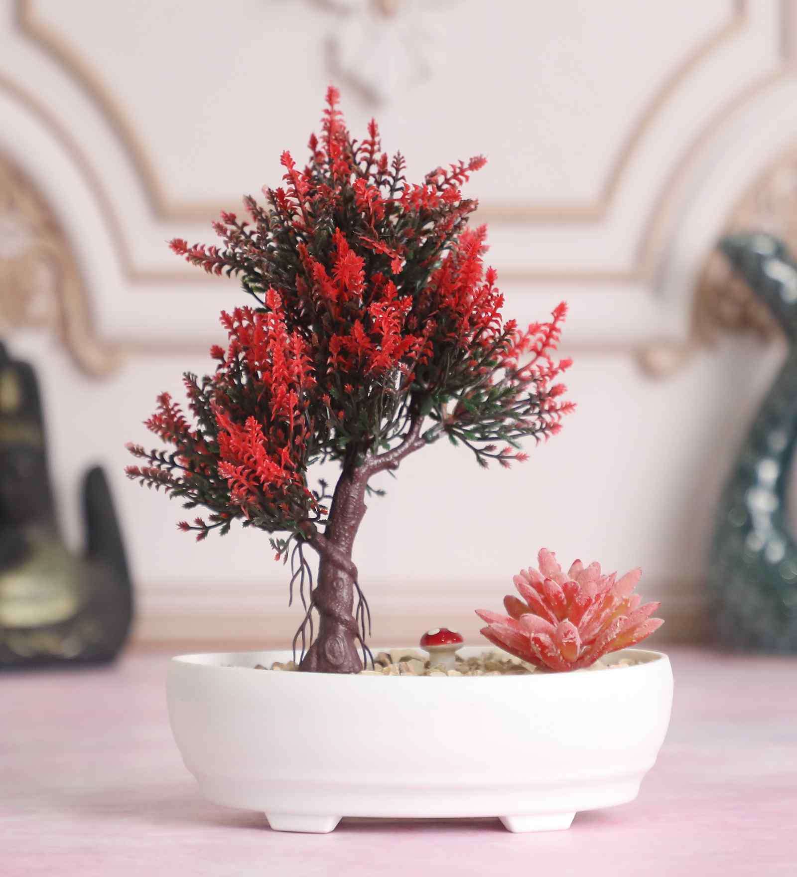 Artificial Bonsai Tree with Red Cactus