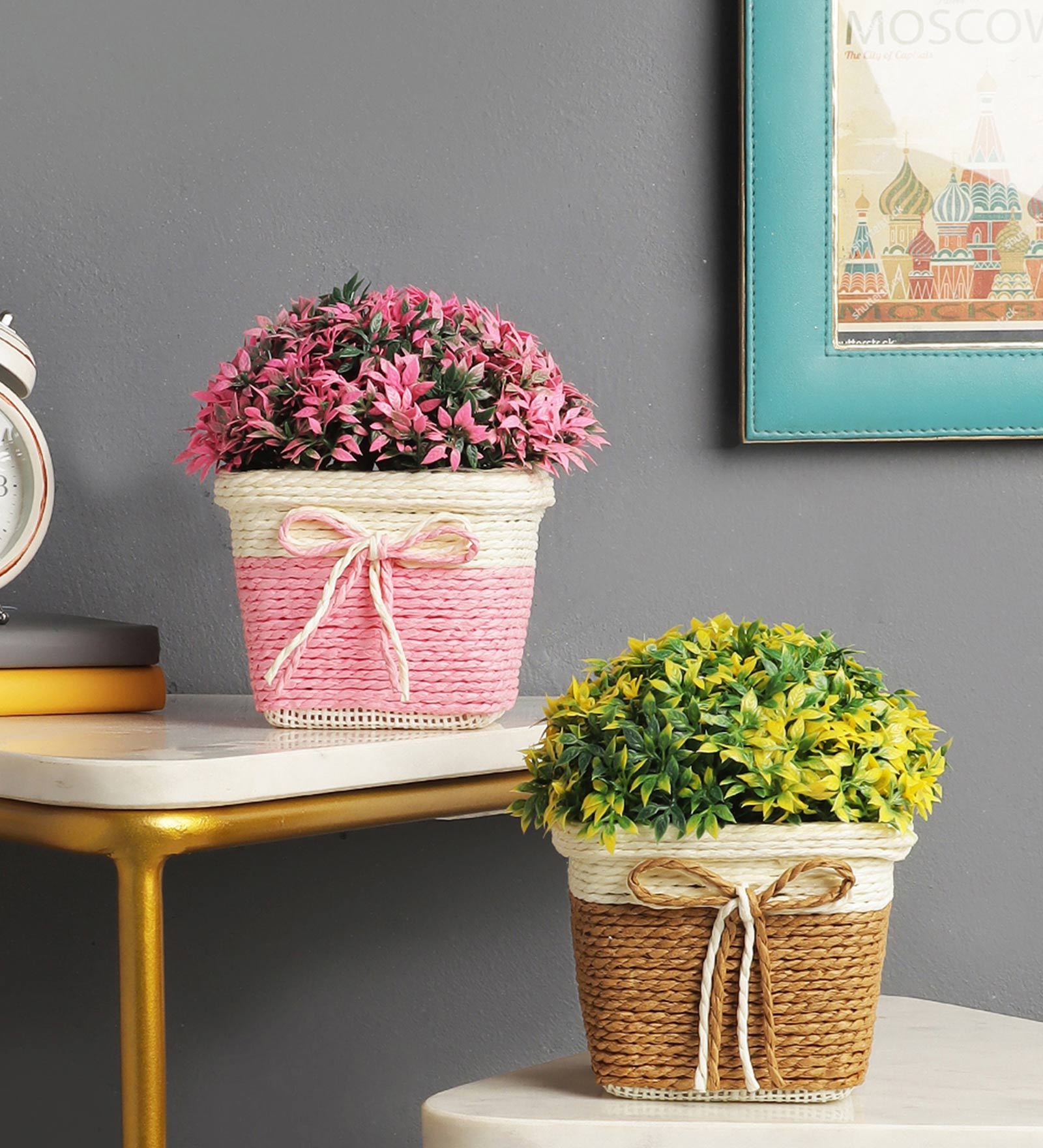 Artificial Bush Combo with Small Yellow and Pink Leaves with Pot