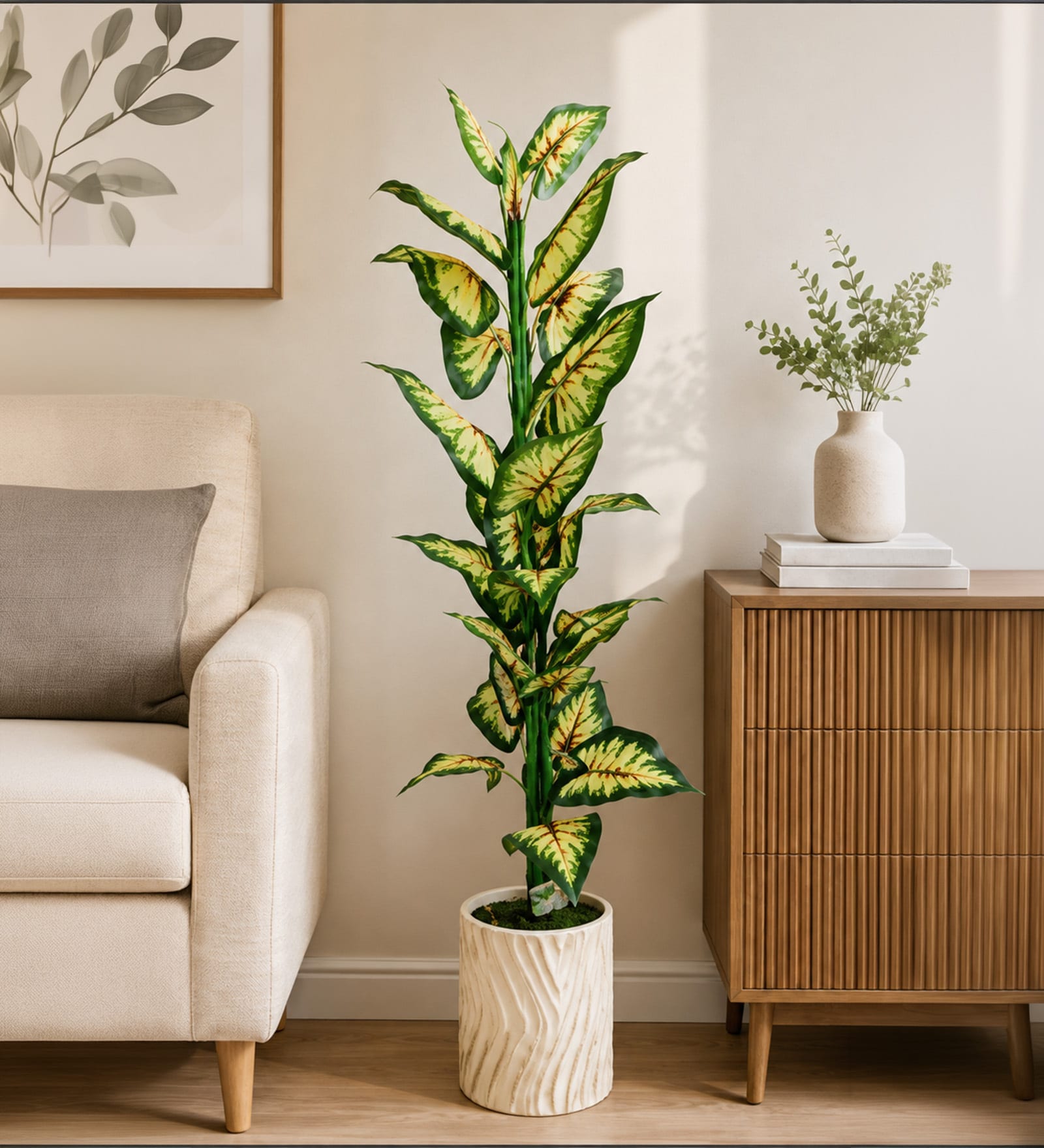 Green Fabric Artificial Caladium Plant with Pot
