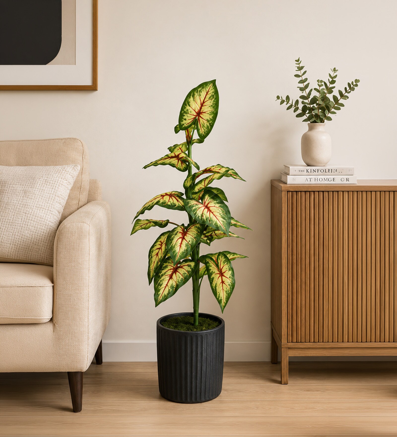 Green Fabric Artificial Caladium Plant with Pot