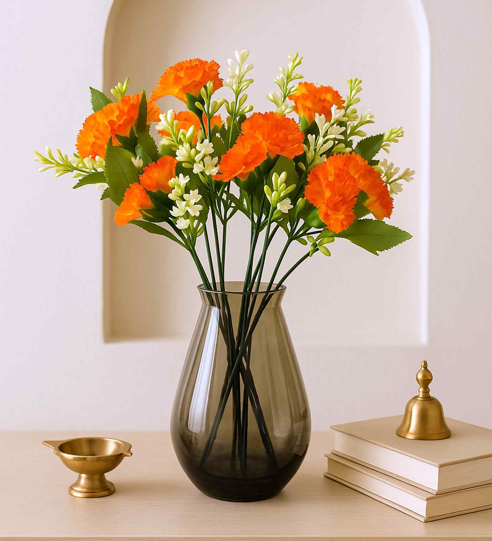 Set Of 2 Orange Plastic Carnation Artificial Flowers
