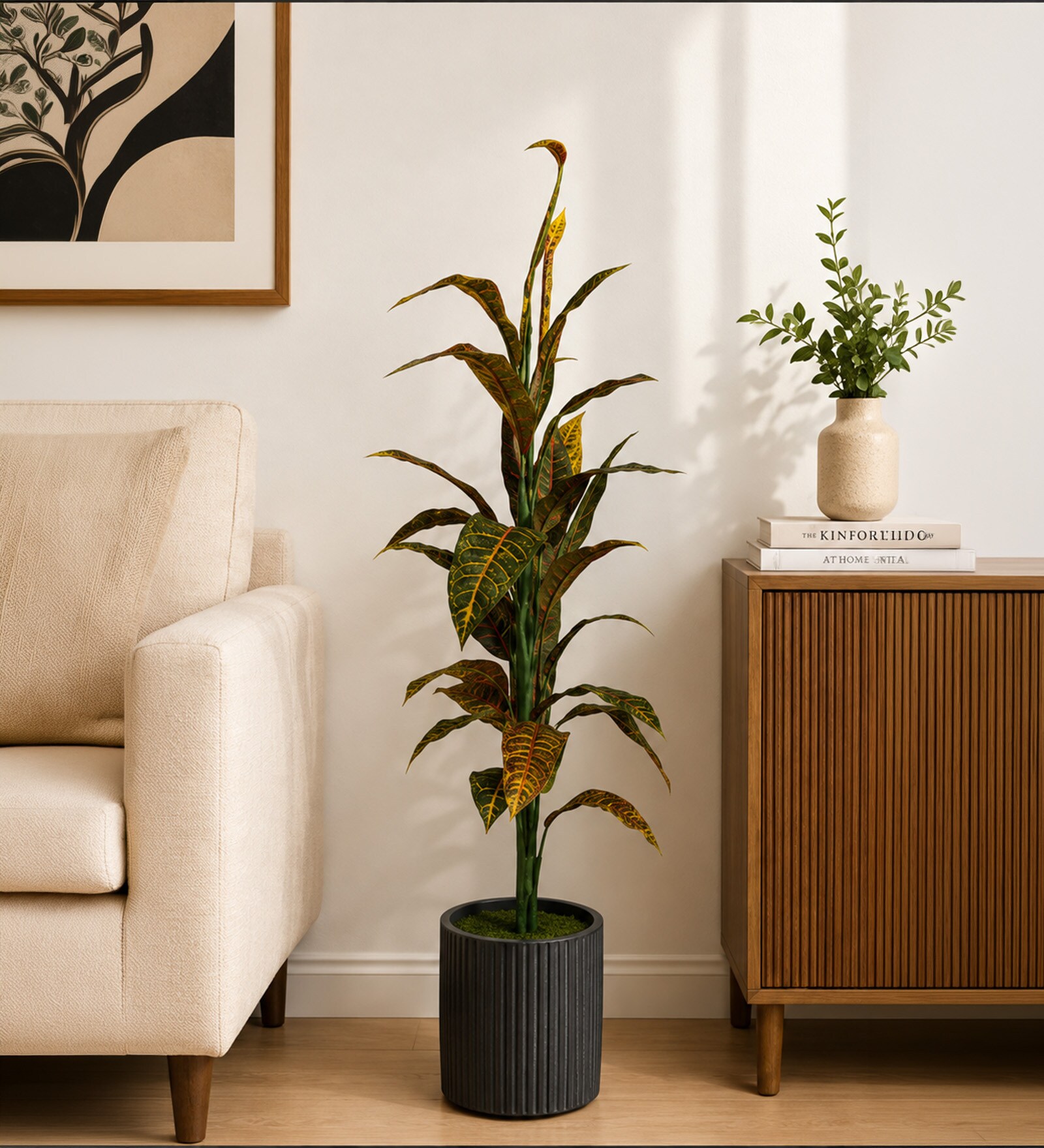 Green Fabric Artificial Croton Plant with Pot
