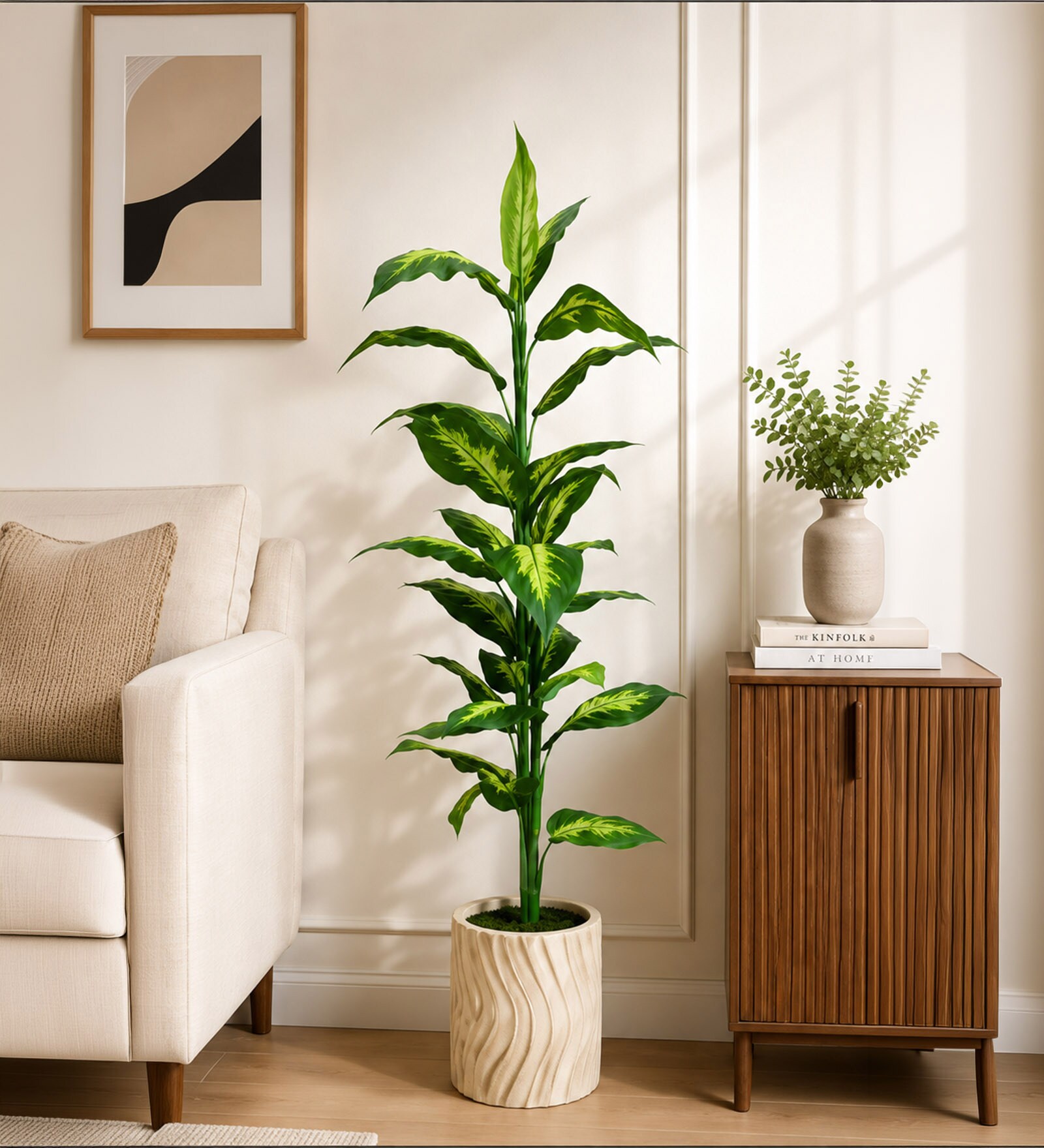 Green Fabric Artificial Dieffenbachia Plant with Pot