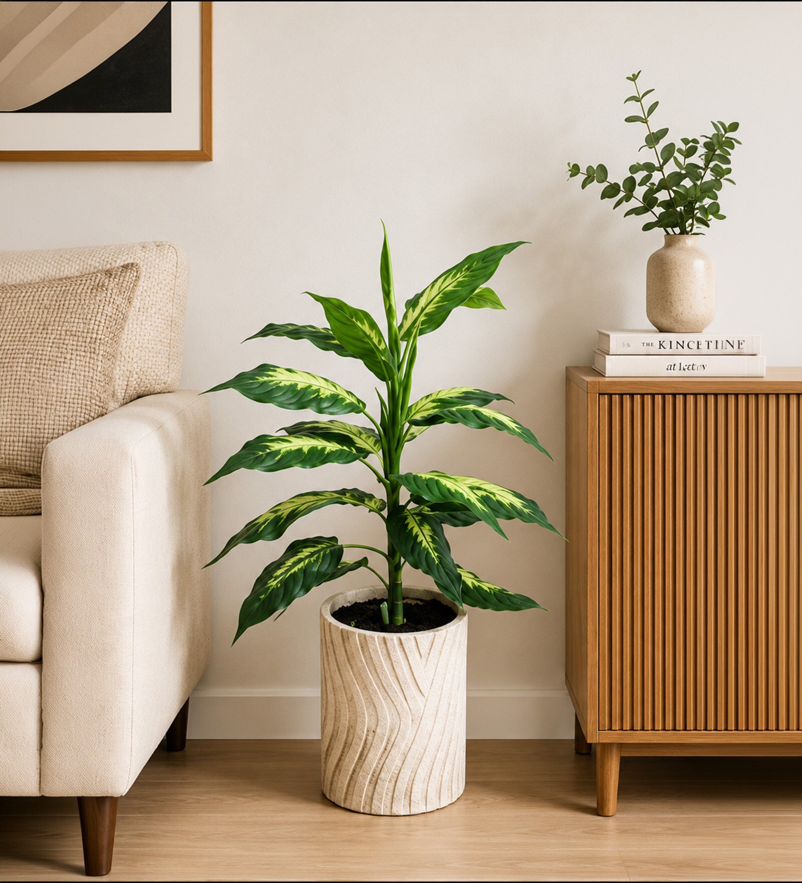 Green Fabric Artificial Dieffenbachia Plant with Pot