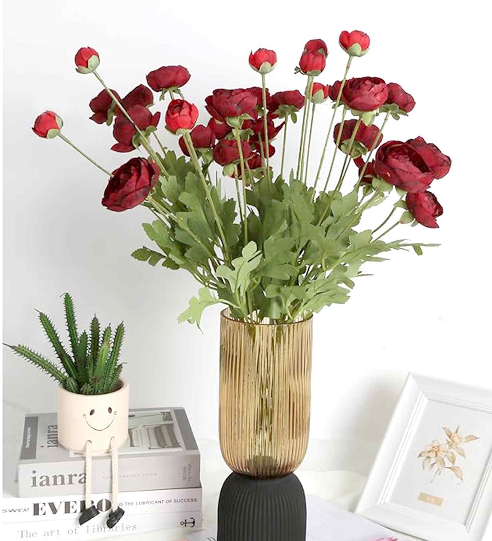 Red Plastic 3 Sticks Faux Fake Artificial Flowers