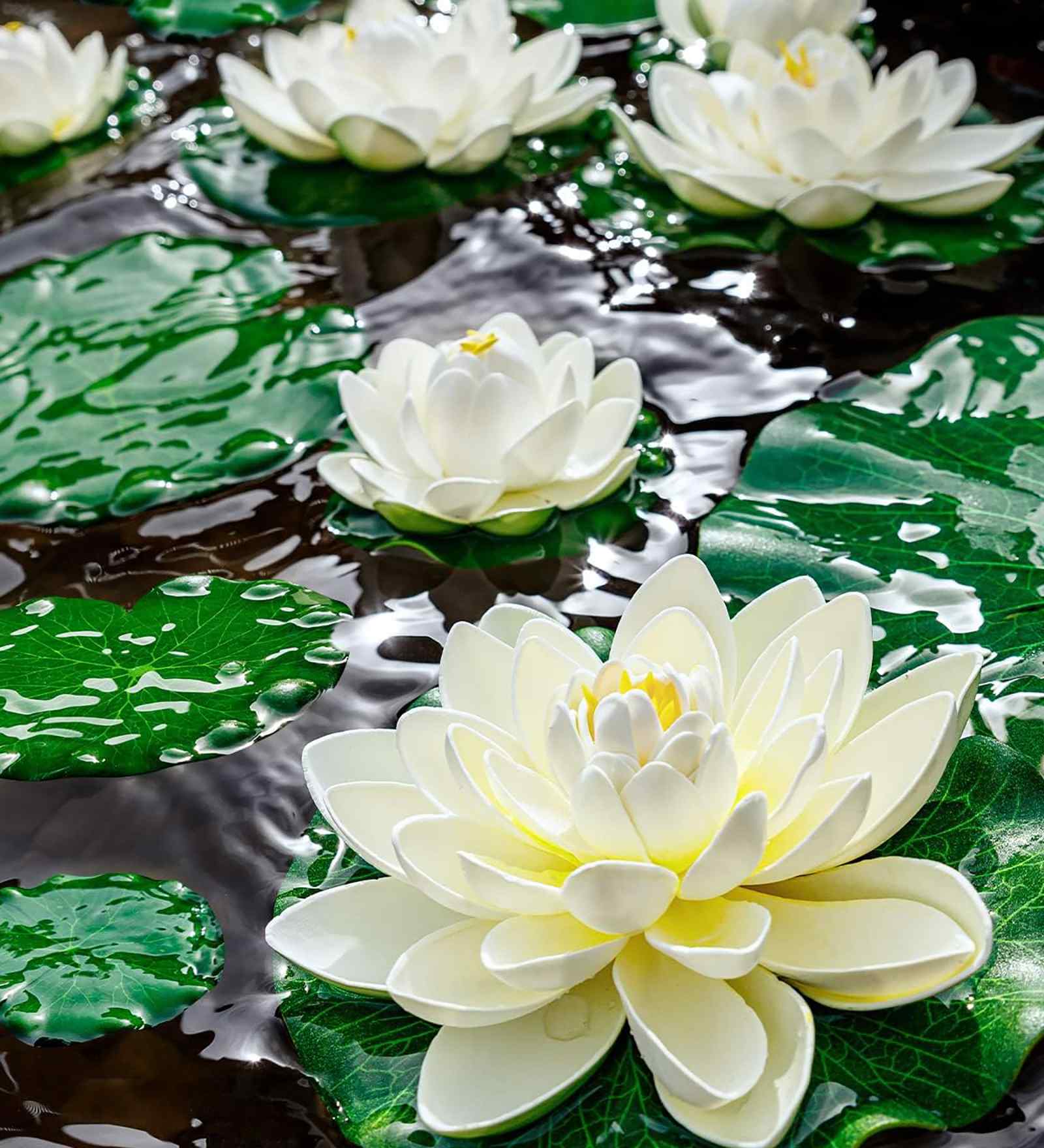 Set Of 6 White Plastic Floating Foam Lotus Artificial Flowers