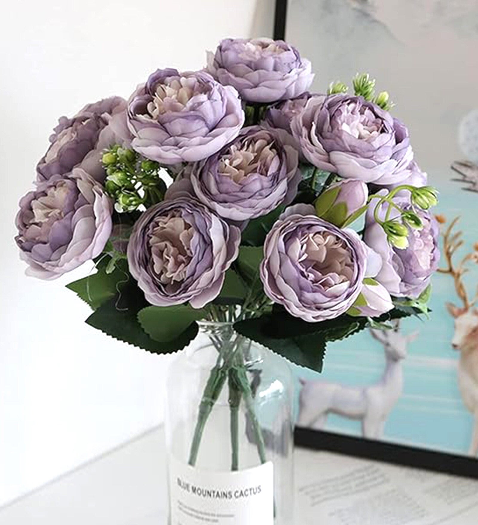 Set Of 2 Purple Plastic 12 Flowers Silk Rose Artificial Flowers