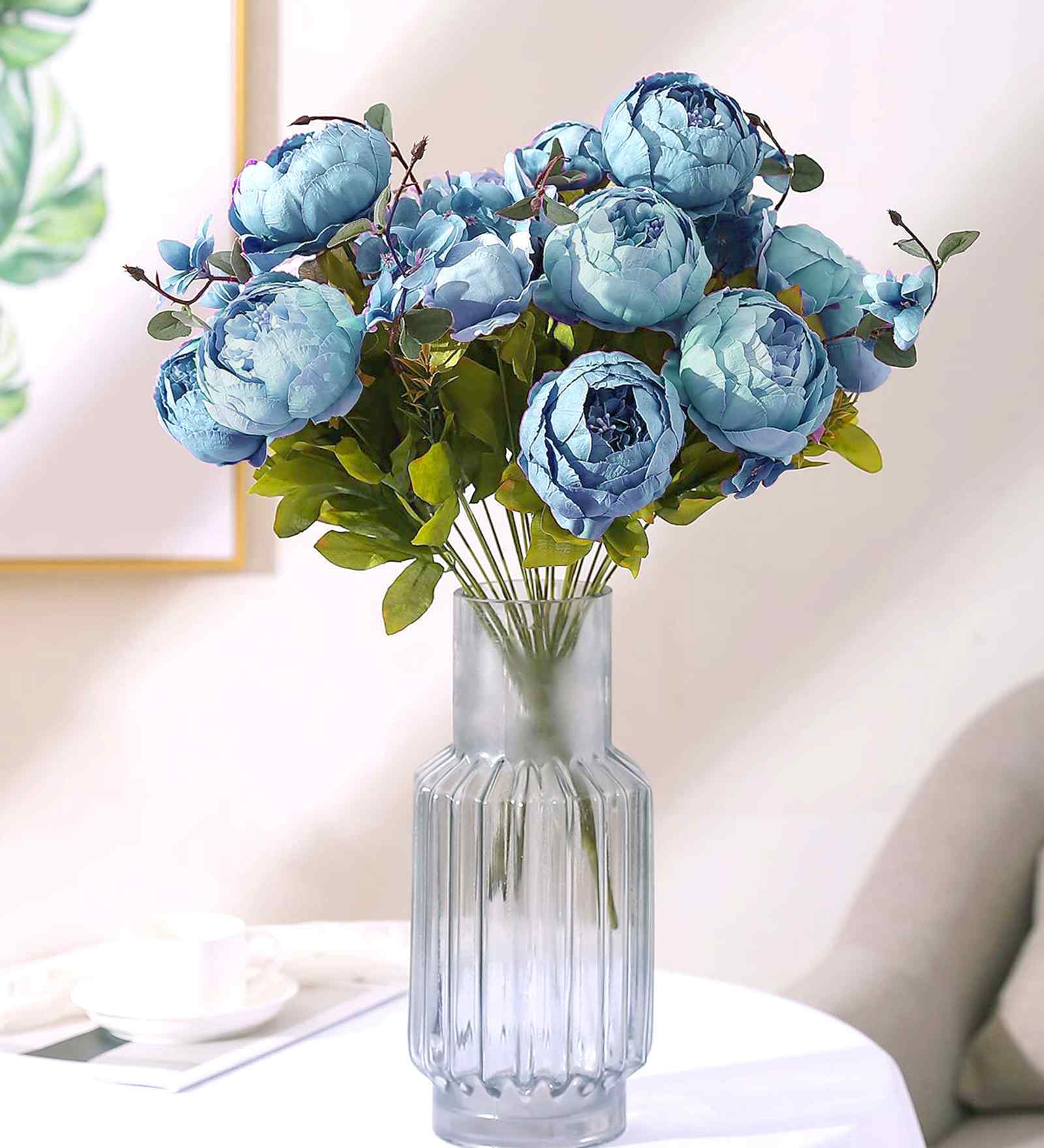 Set Of 2 Green Plastic 12 Flowers Silk Rose Artificial Flowers