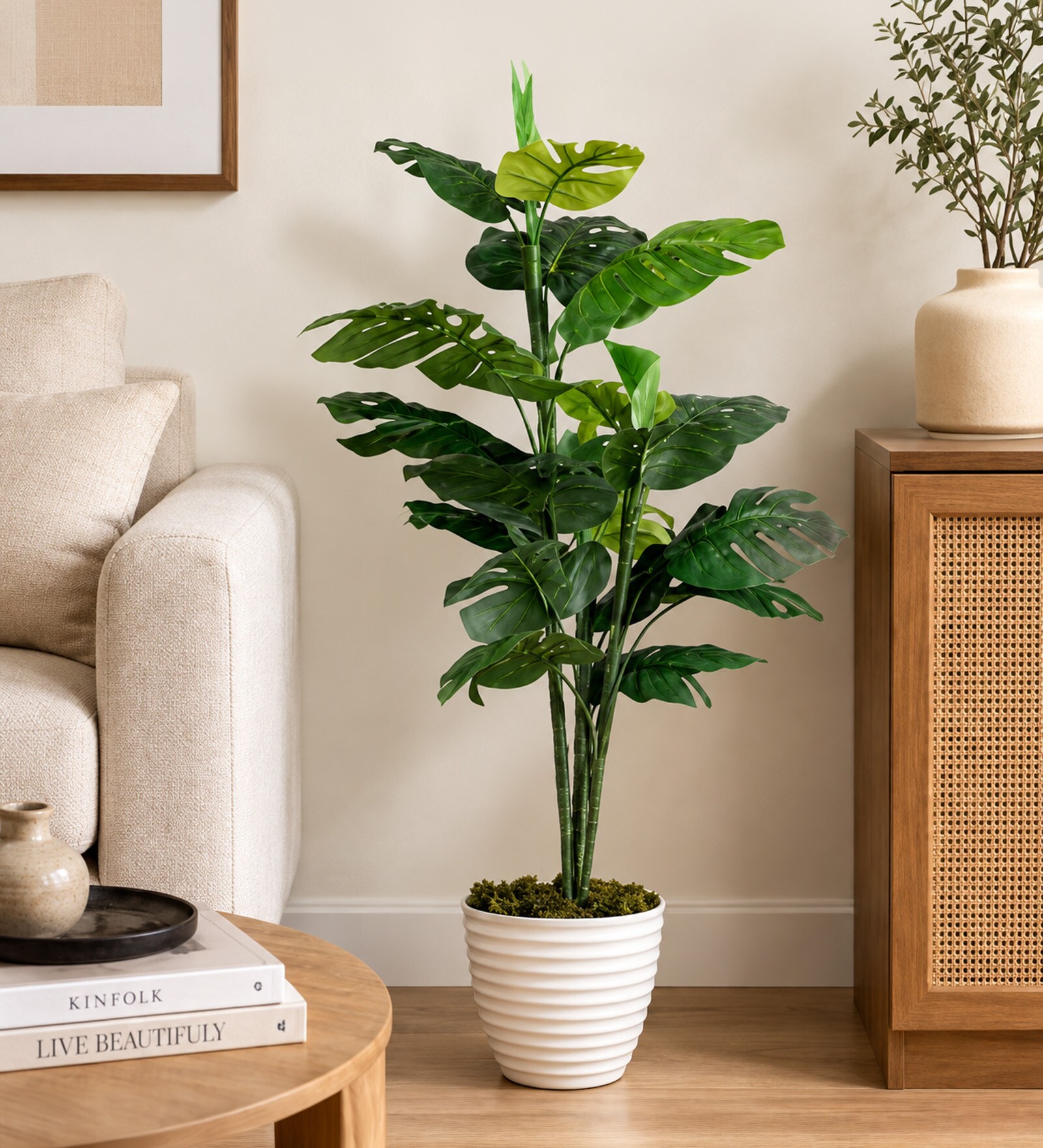Green Fabric Artificial Monstera Deliciosa Floor Plant with Pot