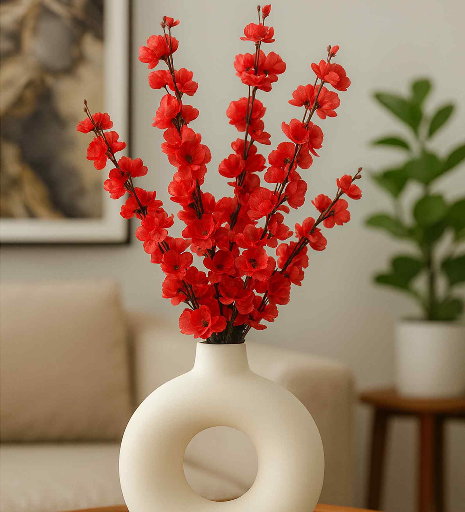 Set Of 2 Red Plastic 22 Inch Peach Blossom Artificial Flowers Bunch