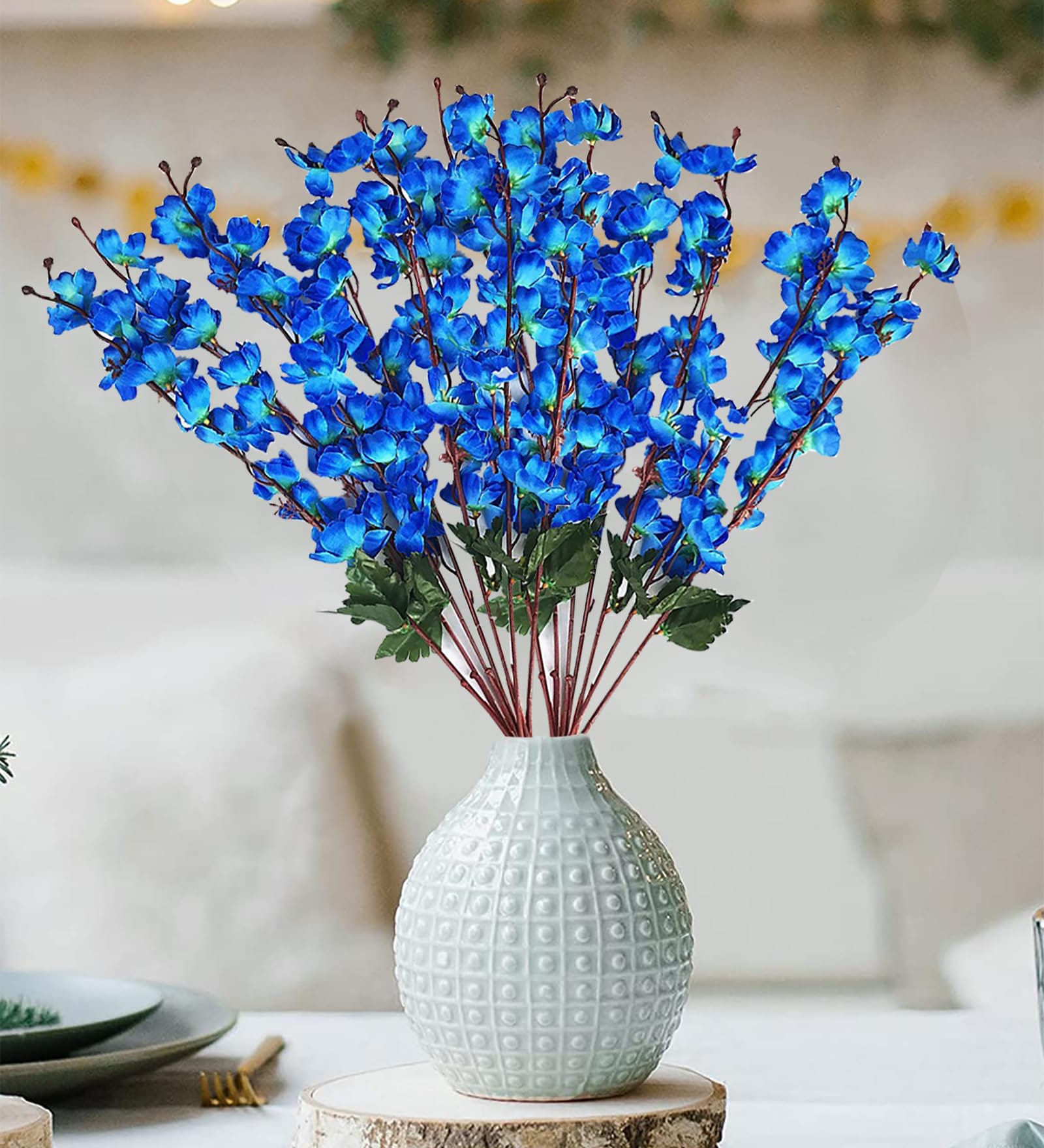 Set Of 4 Blue Plastic 22 Inch Peach Blossom Artificial Flowers Bunch