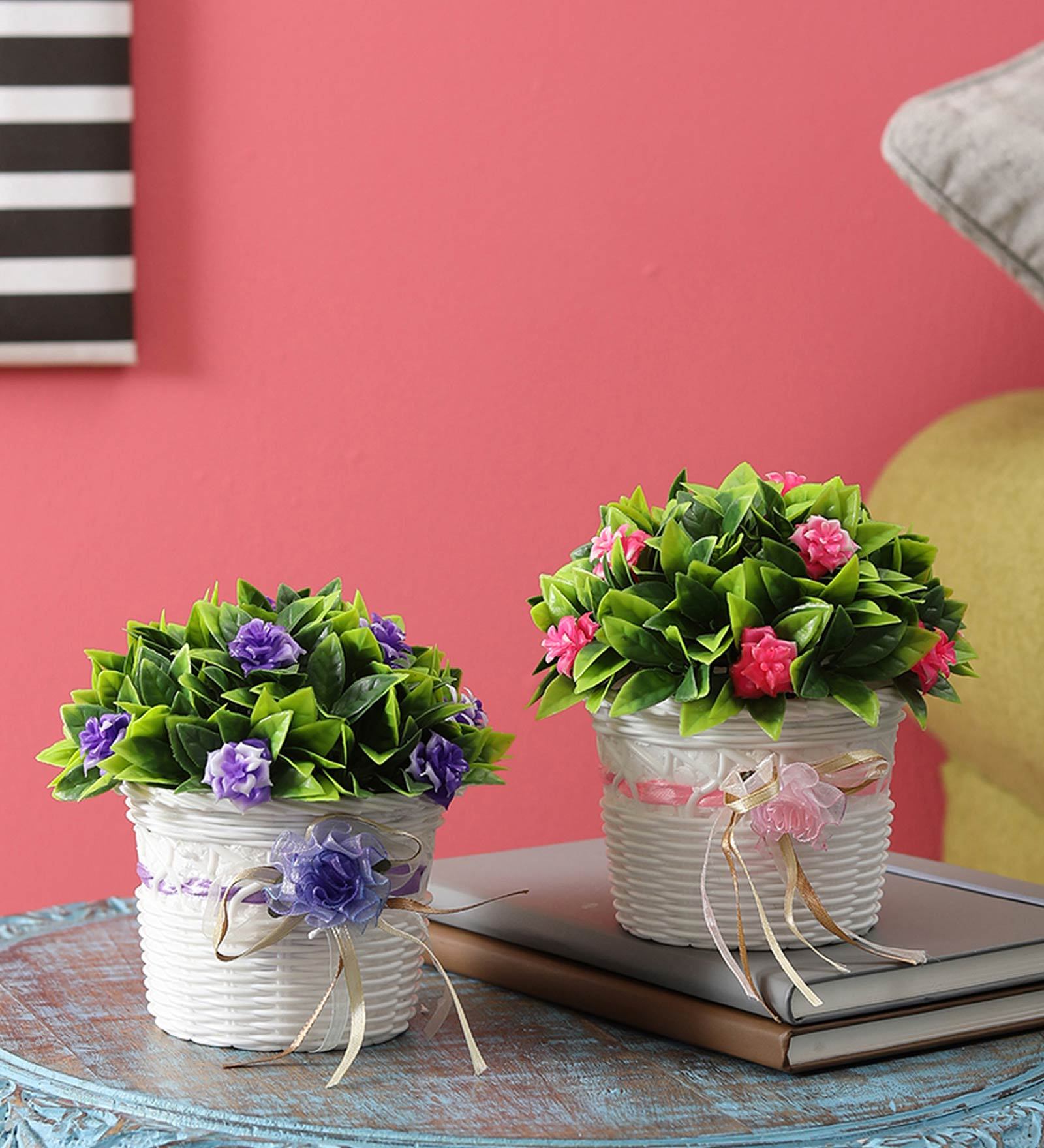 Pink & Dark Purple Flowers Artificial Plant with Pot, Set of 2