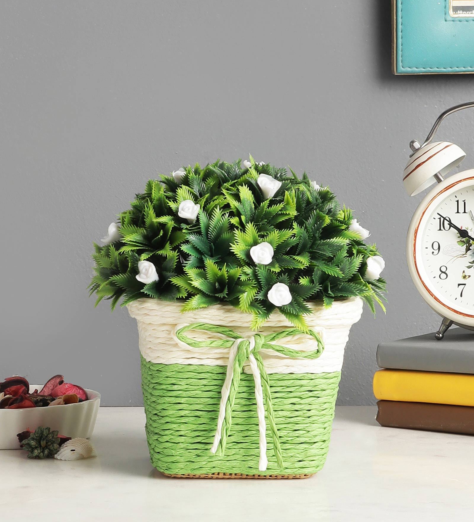 Plastic With Thorny Green Leaves And Small White Flowers With Pot Artificial Plants