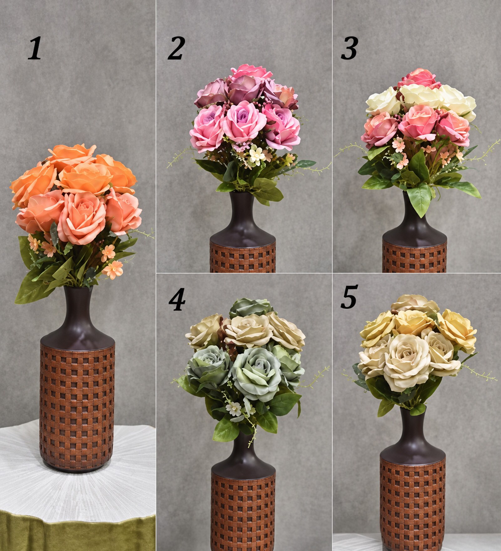 Green Fabric Artificial Rose Flower Bunch