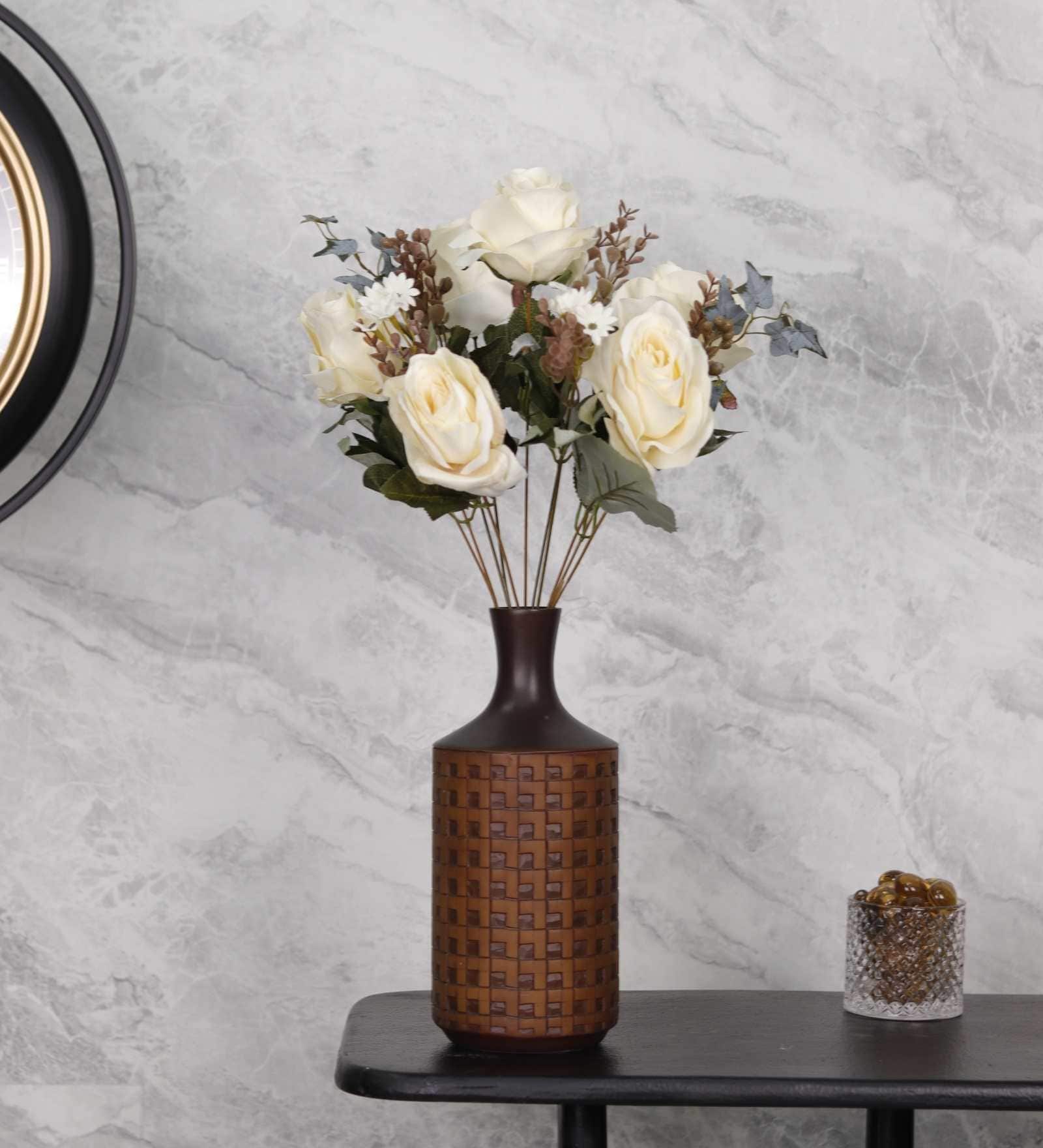 Artificial Rose Flower Bunch with 5 Flower Heads (White)