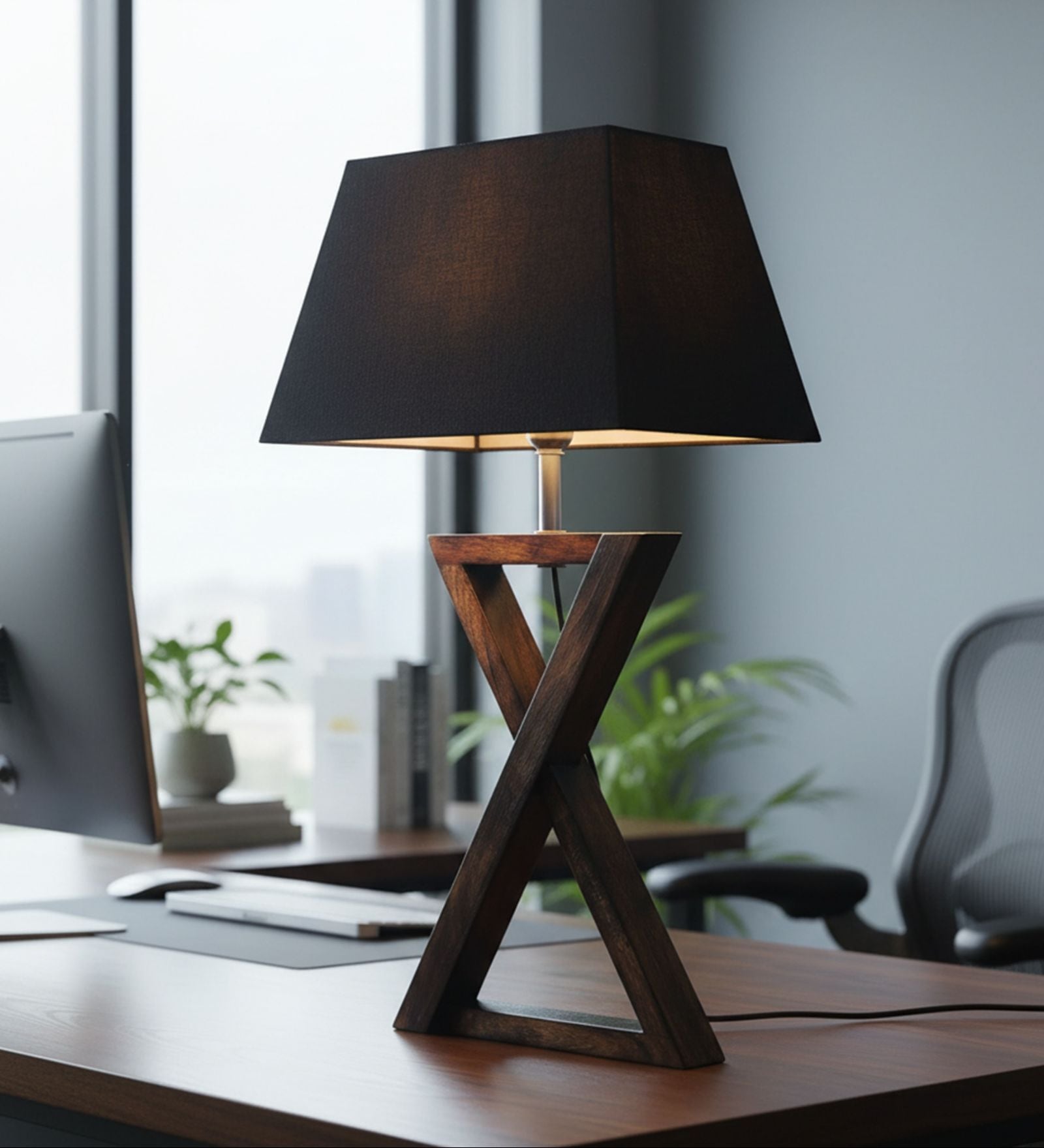 Artisan Dark Wood Table Lamp with Black Fabric Shade  X-Base Designs