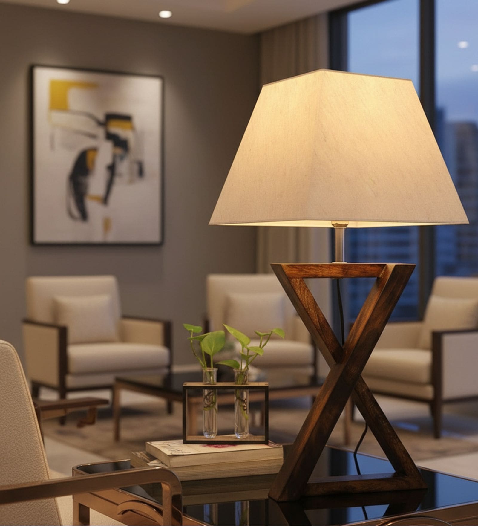 Artisan Dark Wood Table Lamp with Flex Fabric Shade  X-Base Designs