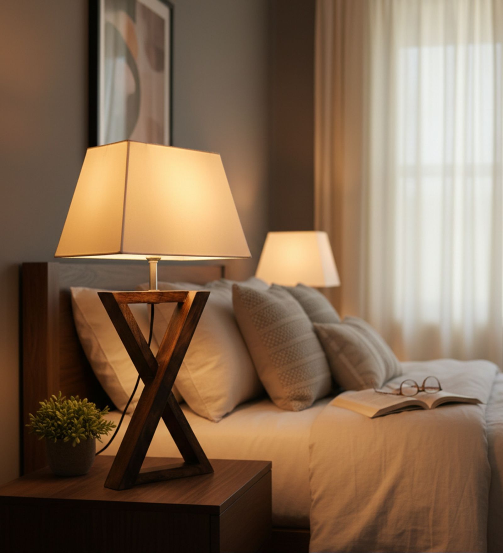 Artisan Dark Wood Table Lamp with White Fabric Shade  X-Base Designs