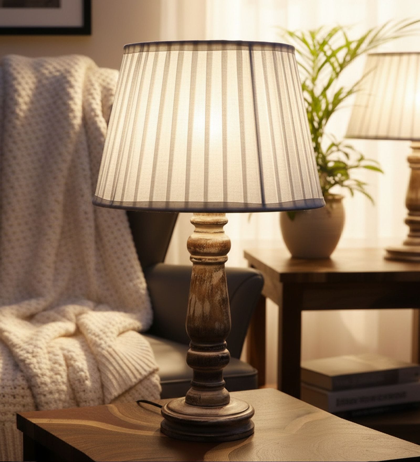 Artisan Distressed Wood Table Lamp with Pleated White Fabric Shade | Bedside Lamp for Bedroom, Living Room & Home D cor