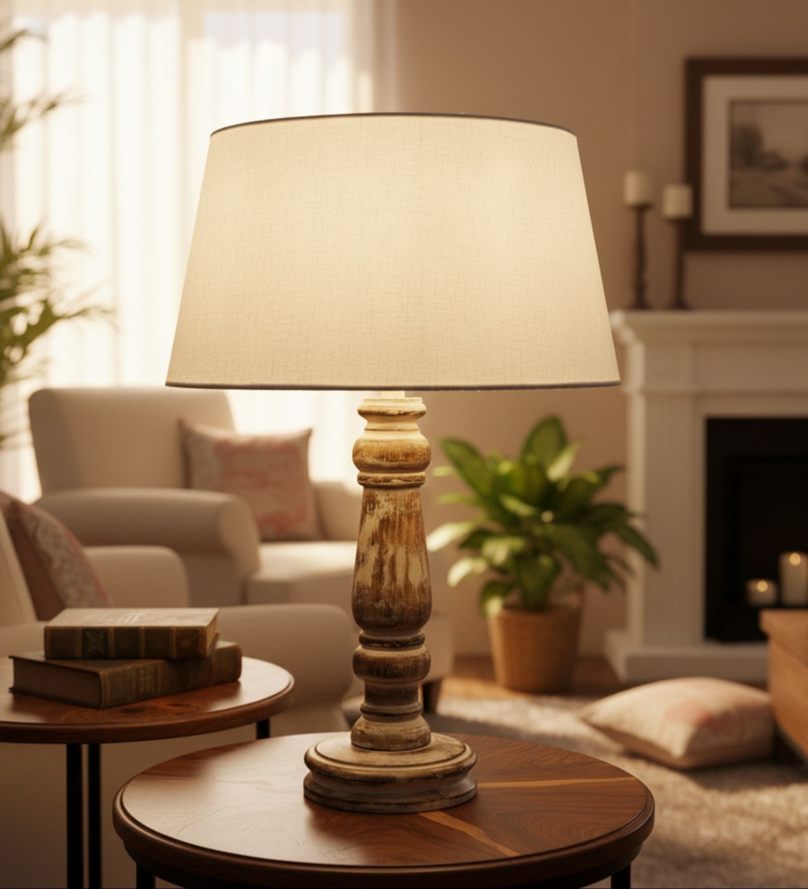 Artisan Distressed Wood Table Lamp with White Fabric Shade | Bedside Lamp for Bedroom, Living Room & Home D cor