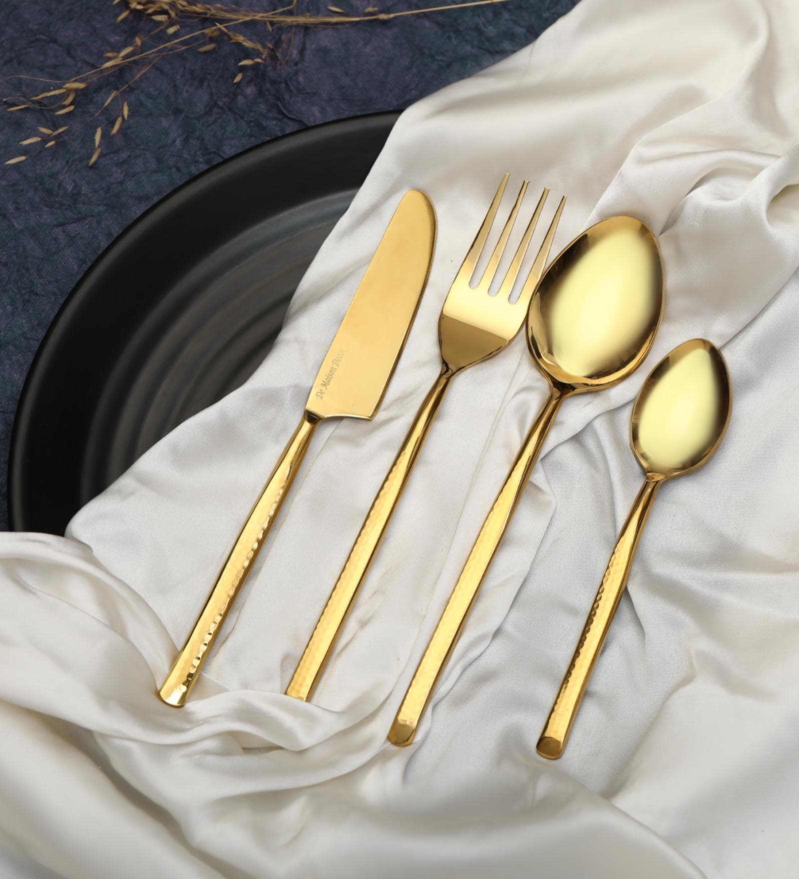 Artisan Dot Hammered Gold   Stainless Steel (Set of 16) Cutlery  Set