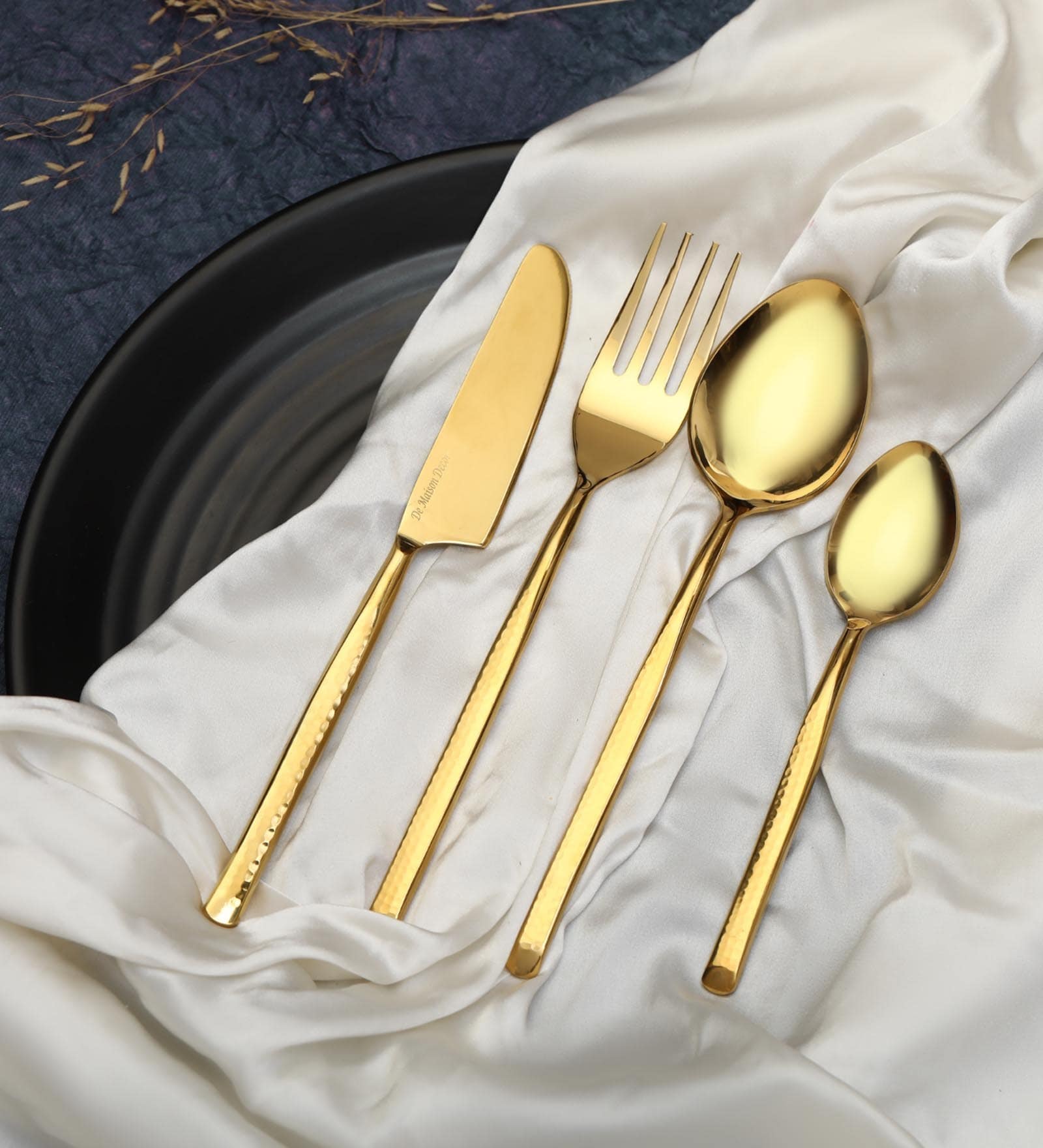 Artisan Dot Hammered Gold Stainless Steel (Set of 24) Cutlery  Set