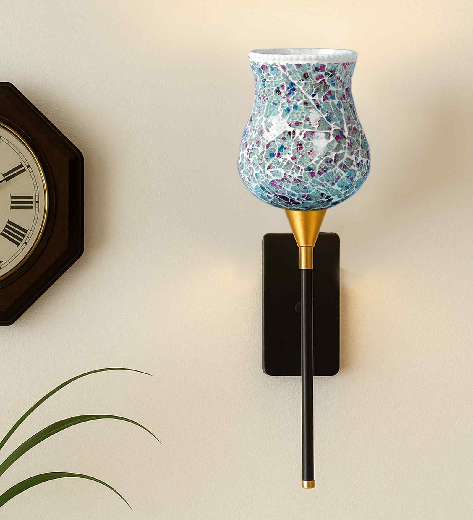 Artistic Mosaic Glass Wall Lamp with Metal Base   Enhances Bedroom, Living Room & Dining Room Ambience
