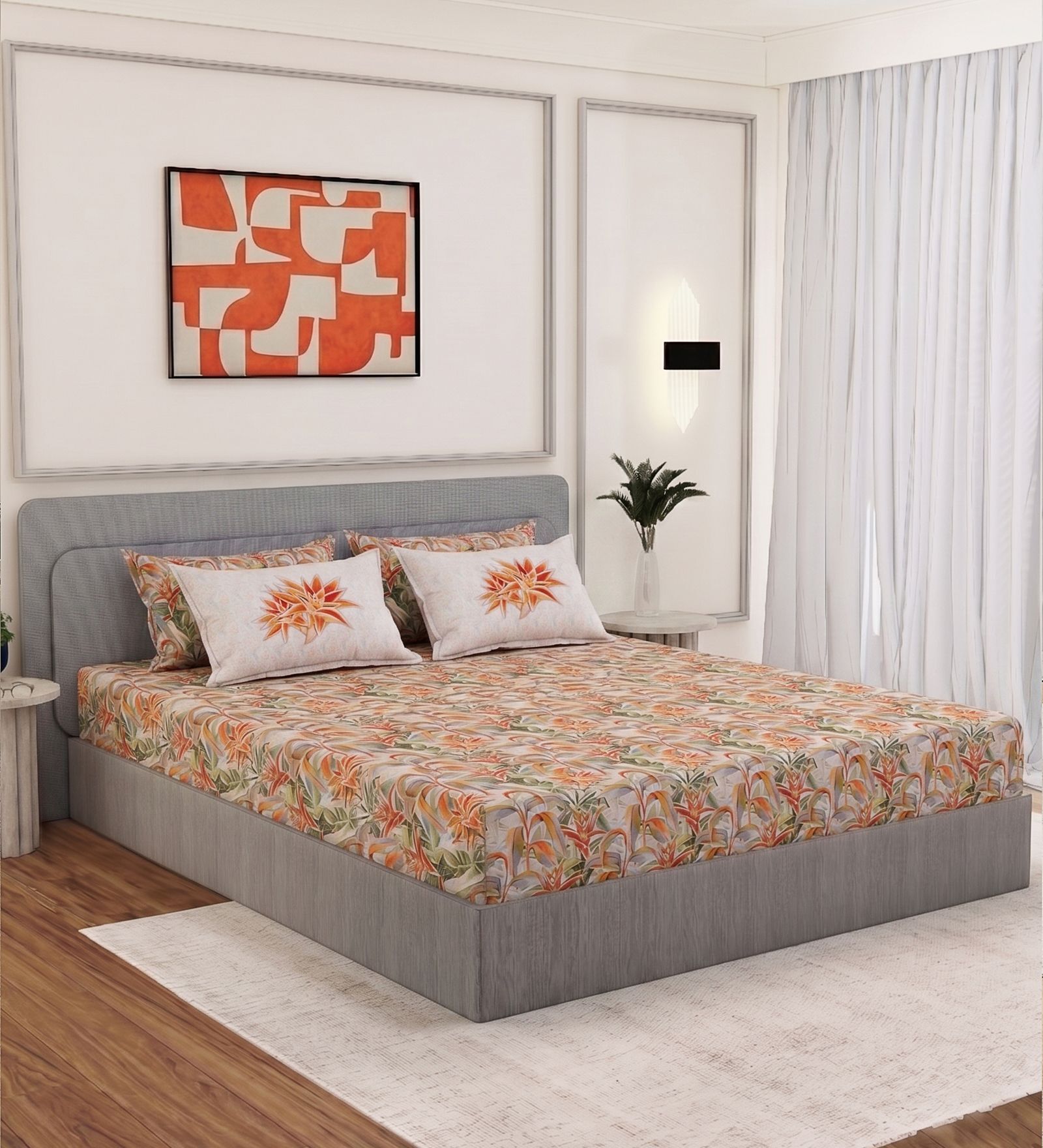Orange Floral 300 TC Cotton Bedsheet With 4 Pillow Covers King Sized Bedsheet With 2 Pillow Covers